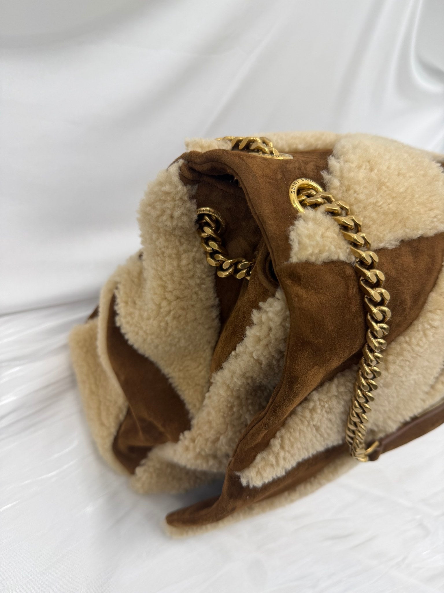 LIKE NEW- Saint Laurent YSL Brown Suede & Shearling Medium Jamie Patchwork  Shoulder Bag