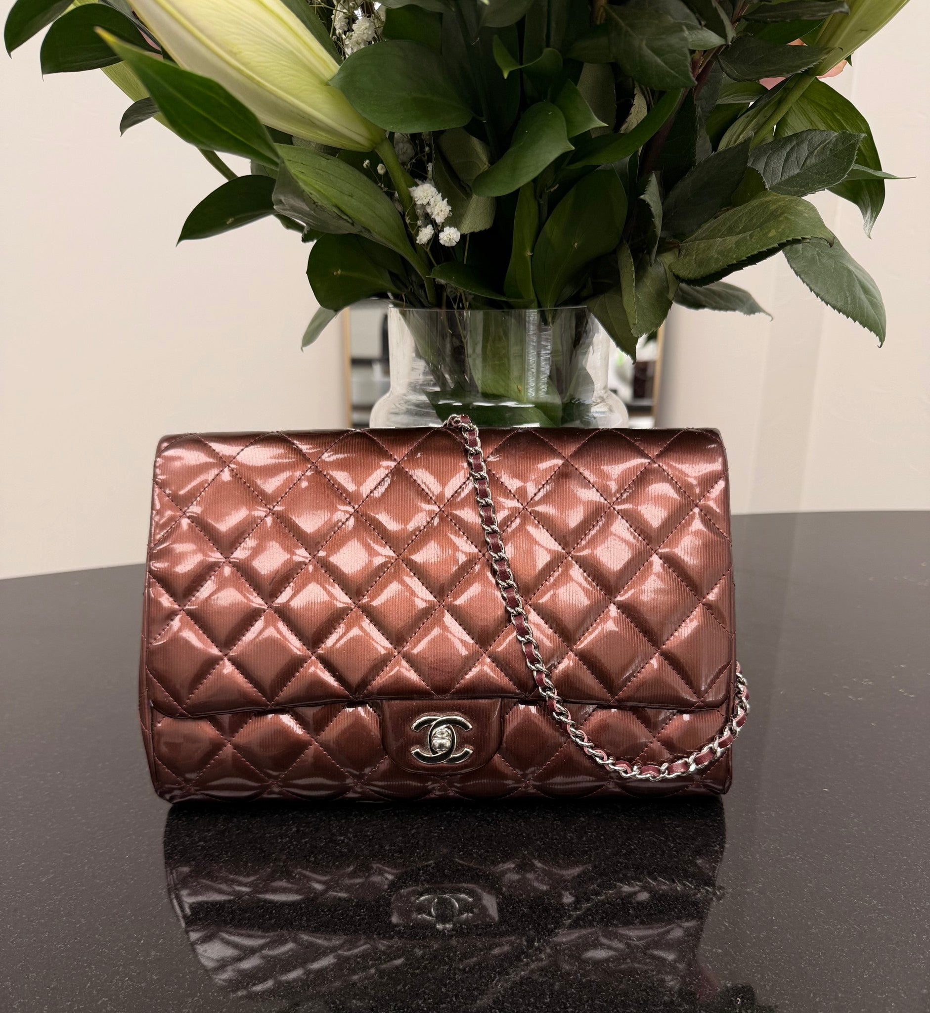 Chanel Burgundy Patent Leather Matelasse Clutch on a Chain