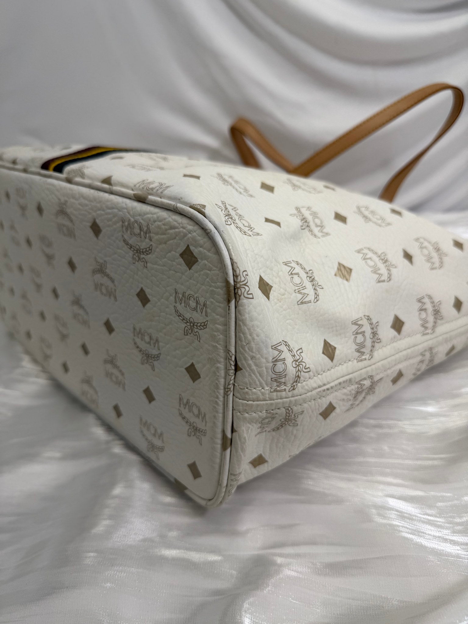 MCM Visetos Striped White Shopper Tote