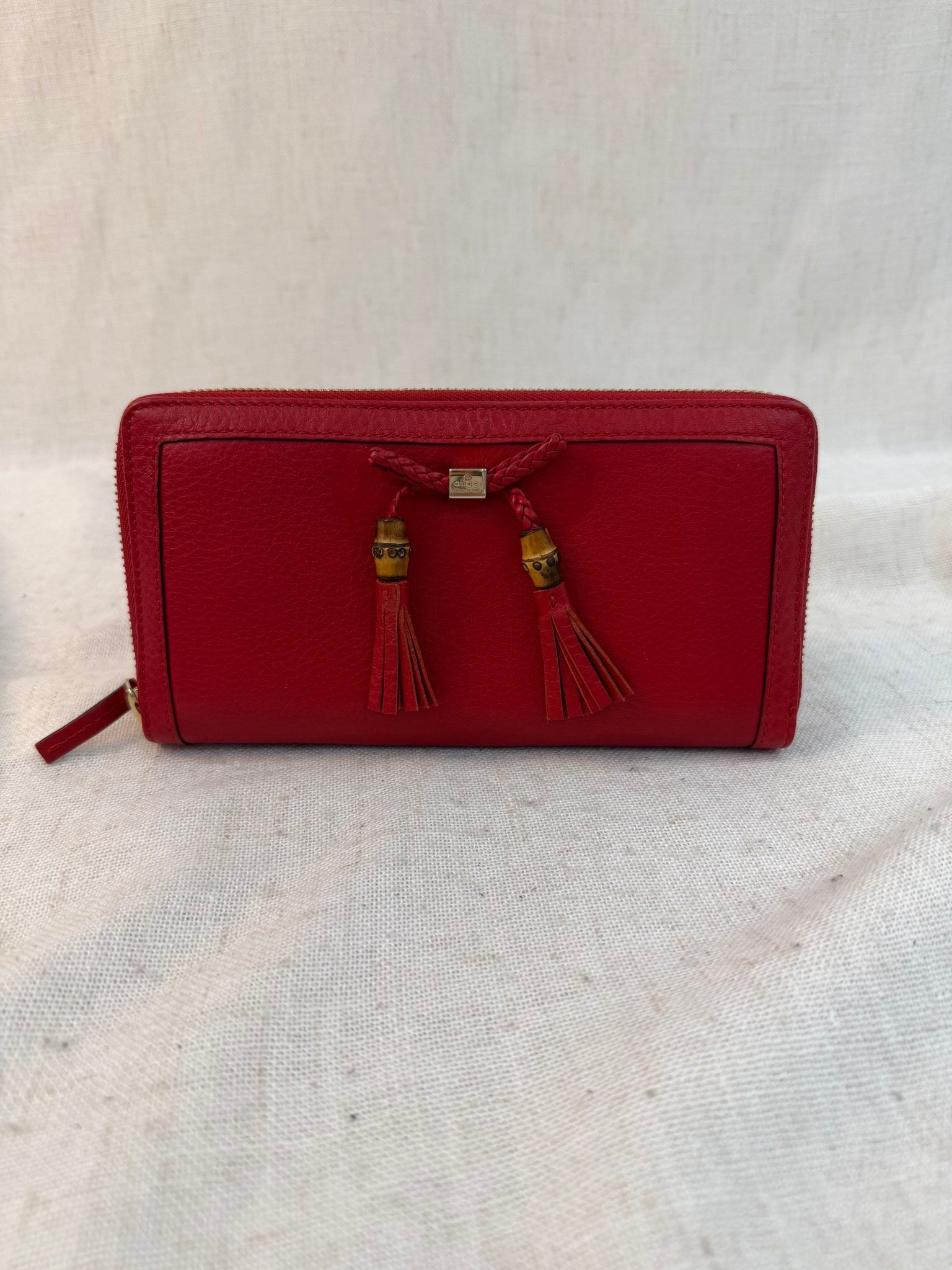Gucci Red Leather Bamboo Tassel Zippy Wallet