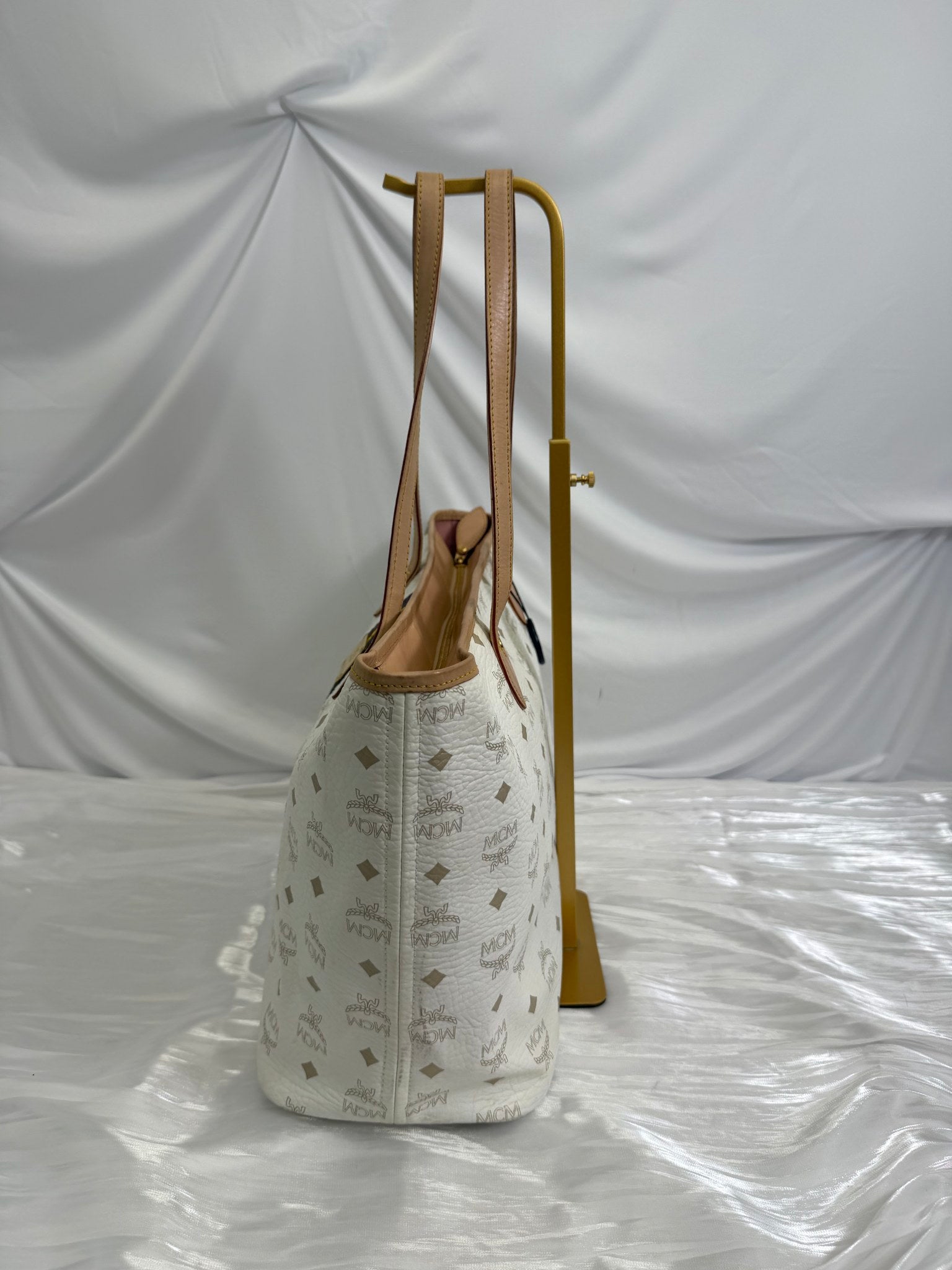 MCM Visetos Striped White Shopper Tote