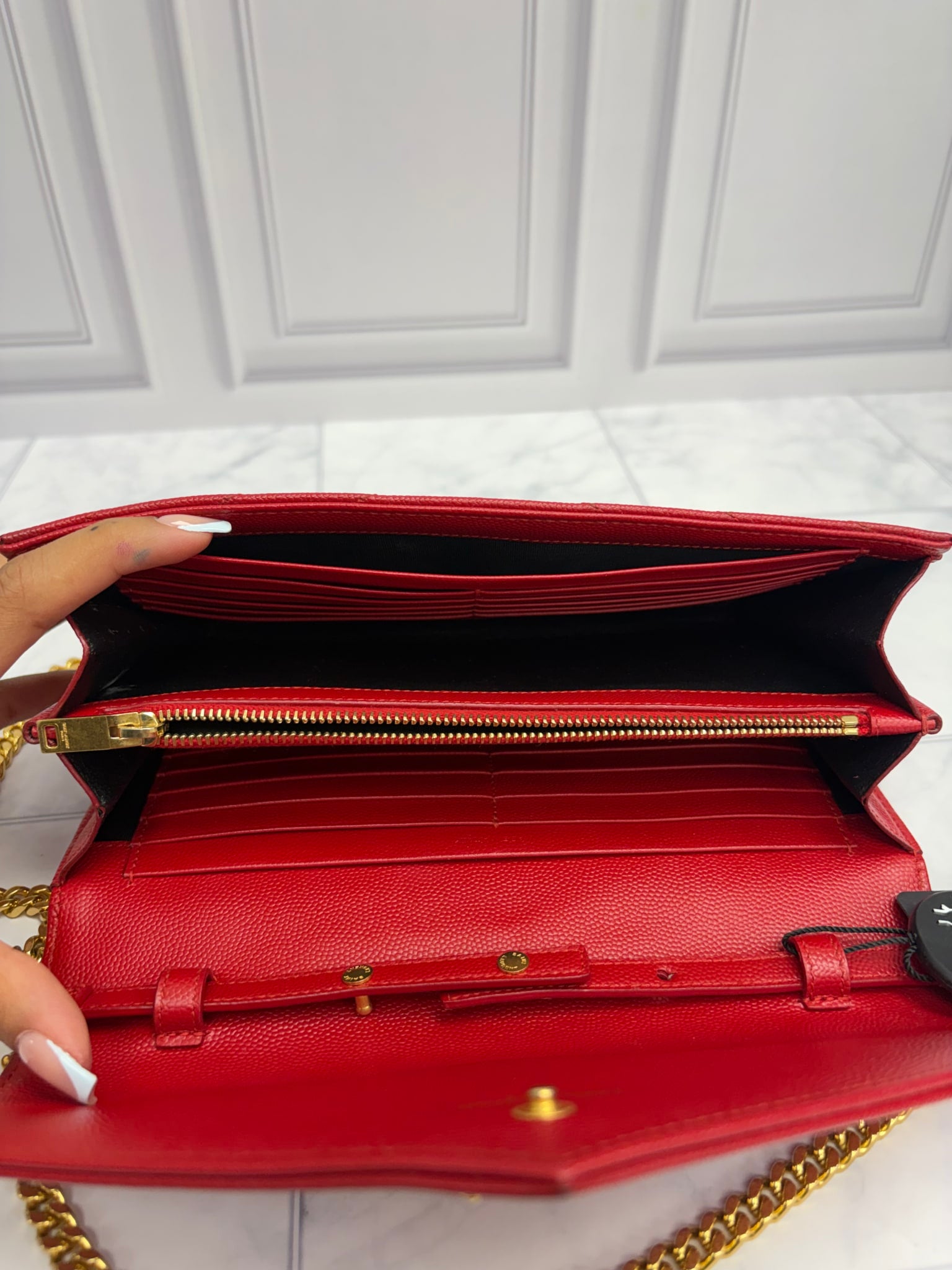 Saint Laurent YSL Red Caviar Wallet on a chain