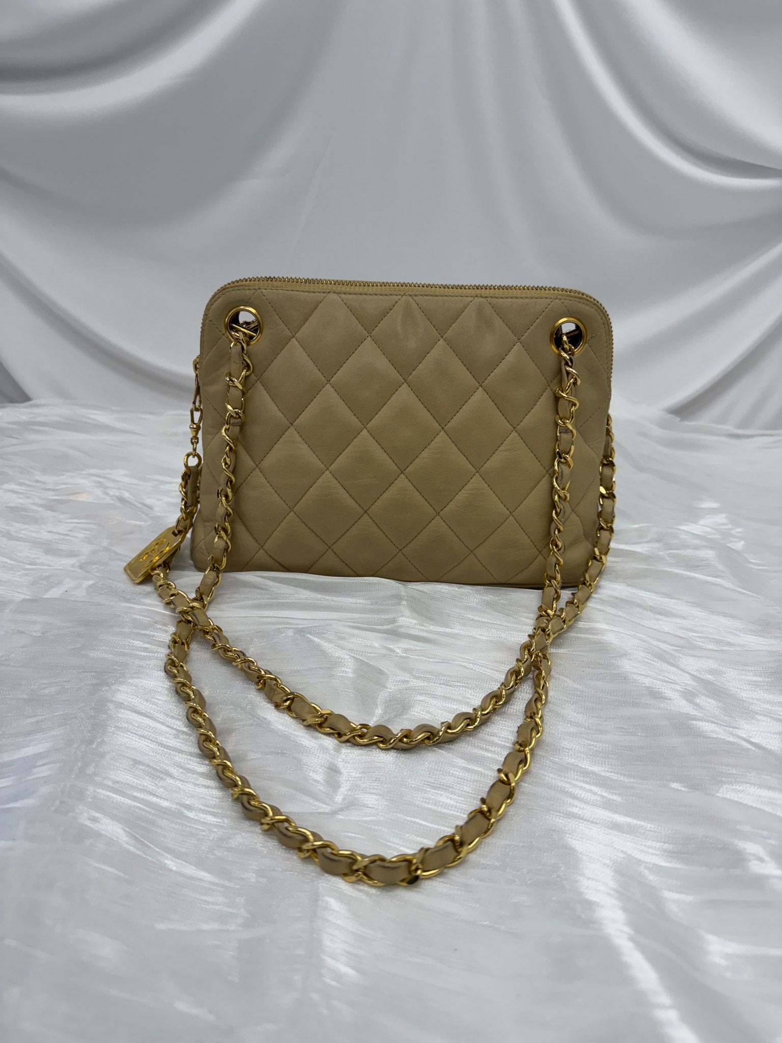 Chanel Beige Quilted Lambskin Chain Shoulder Bag