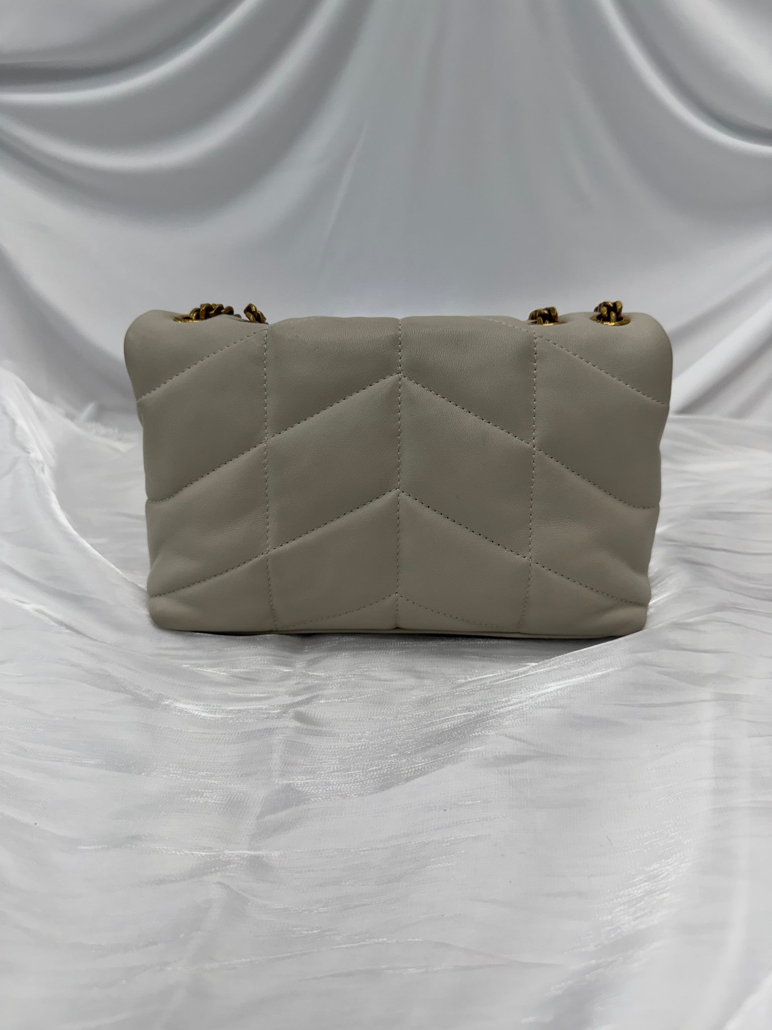 Saint Laurent YSL Beige Lambskin Quilted Toy Loulou Puffer Chain Satchel