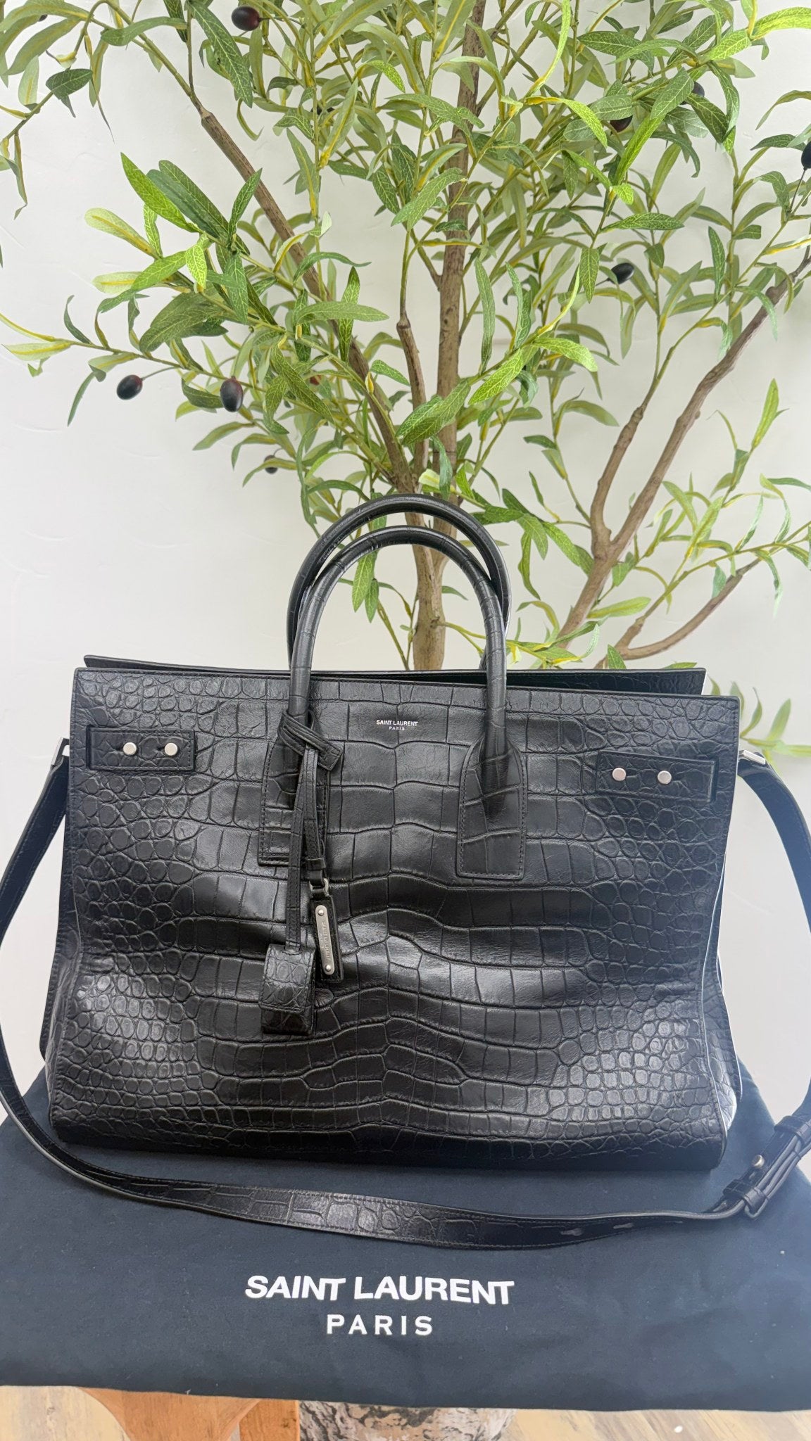 Saint Laurent YSL Black Croc Embossed Leather Large Sac De Jour Tote bag 