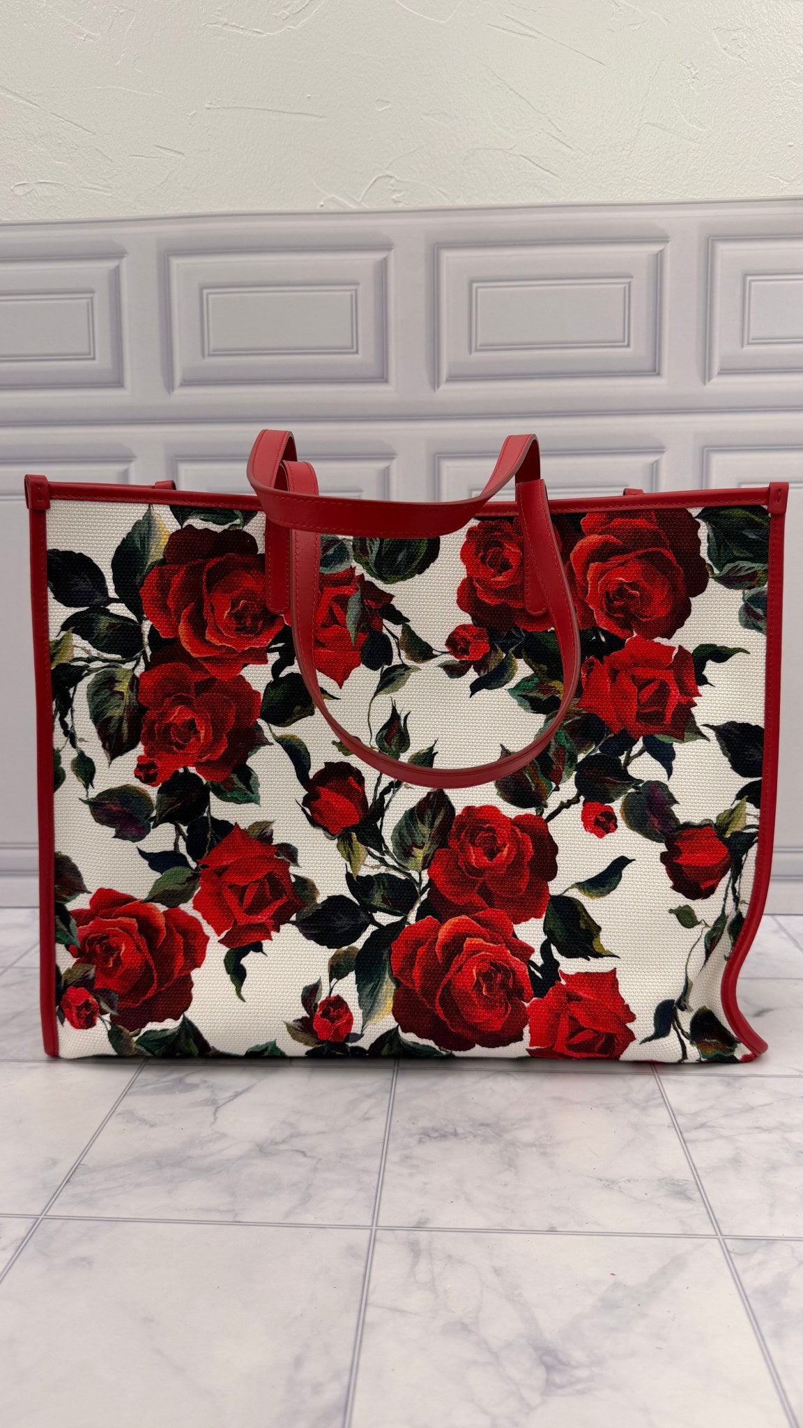 Dolce & Gabbana Red Floral Large Sicily Shopper Tote Bag