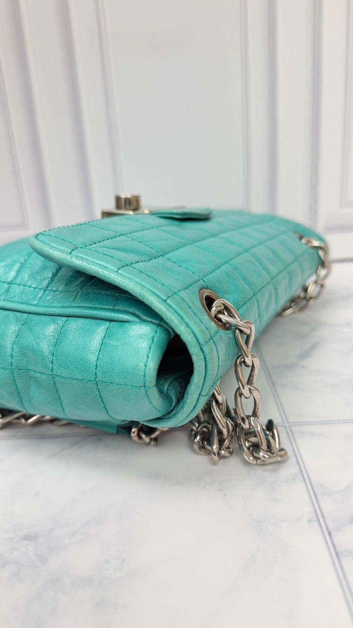 Prada Blue Teal Nappa Leather Chain Flap Shoulder Bag 