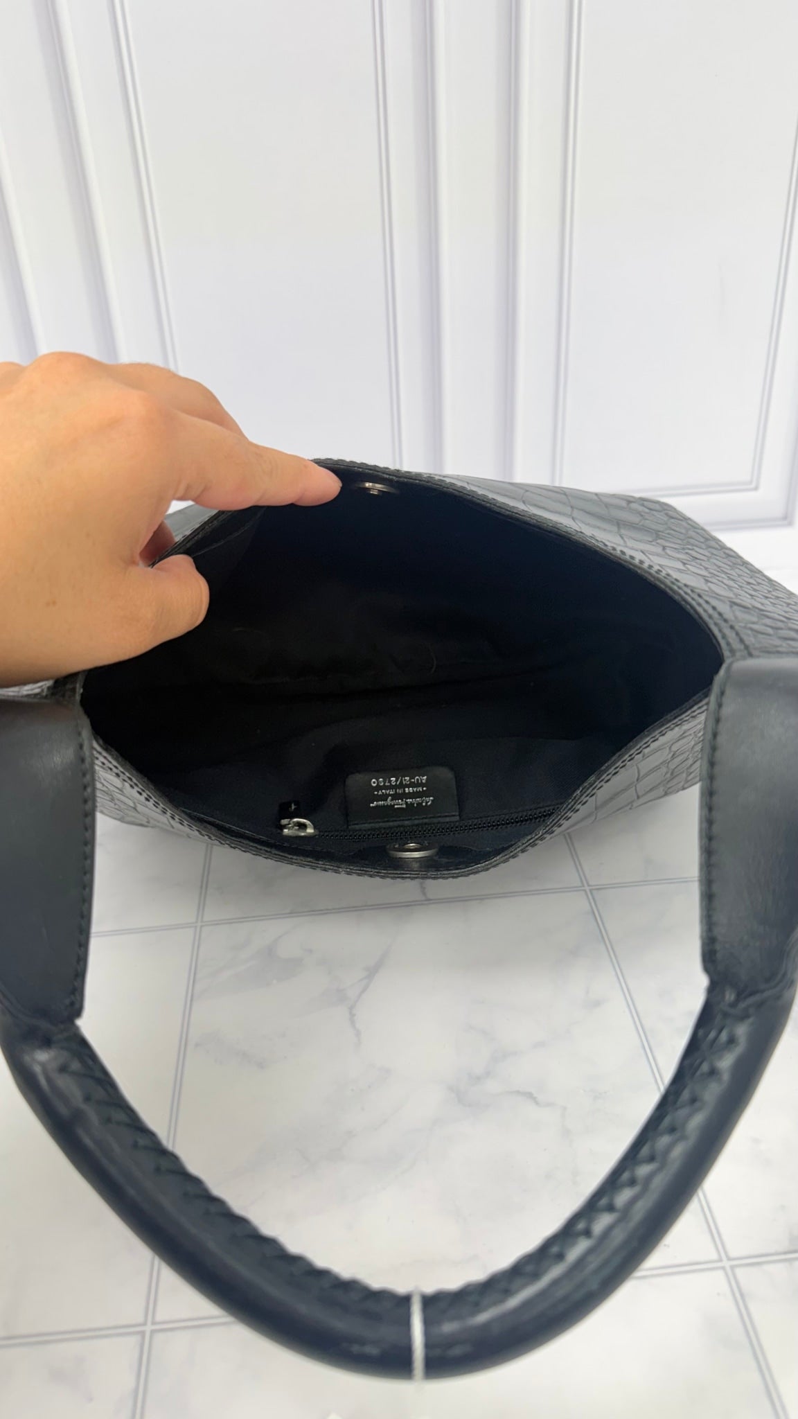 Salvatore Ferragamo Black Croc Embossed Shoulder Bag 