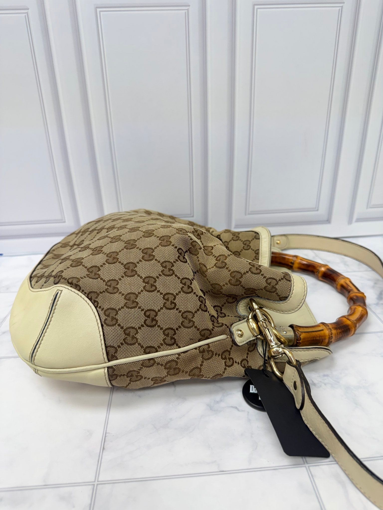 Gucci GG Canvas White Leather Bamboo Peggy Shoulder Bag 
