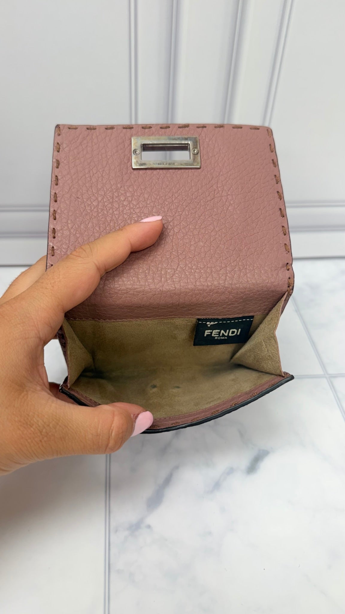 Fendi Pink Grained Leather Selleria Peekaboo Compact Wallet 