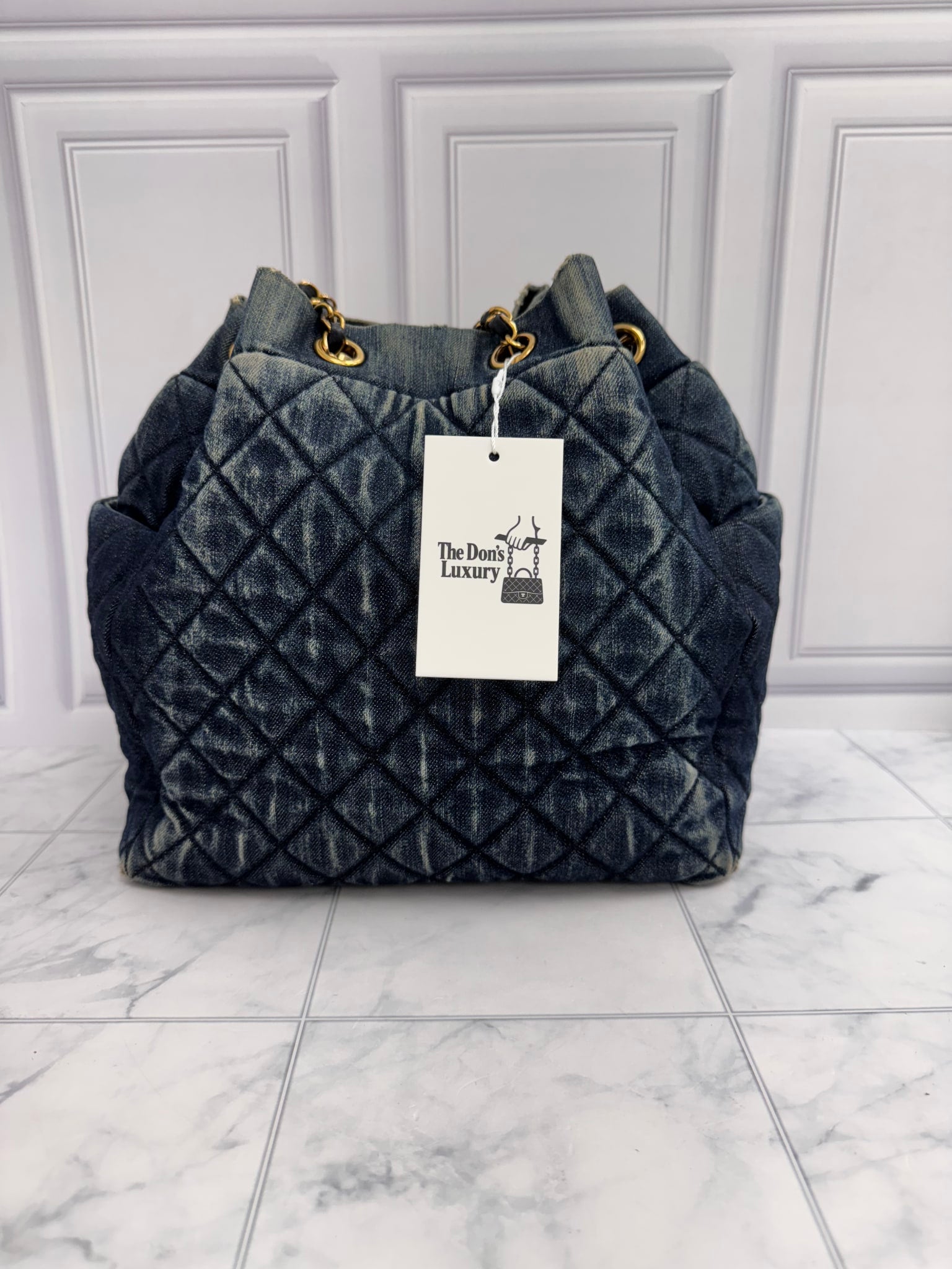 Chanel Quilted Denim Drawstring Bucket Bag