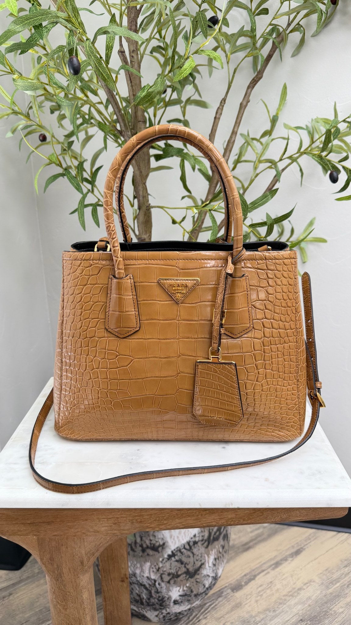 Prada Caramel Croc Embossed Leather Top Handle 2Way Bag