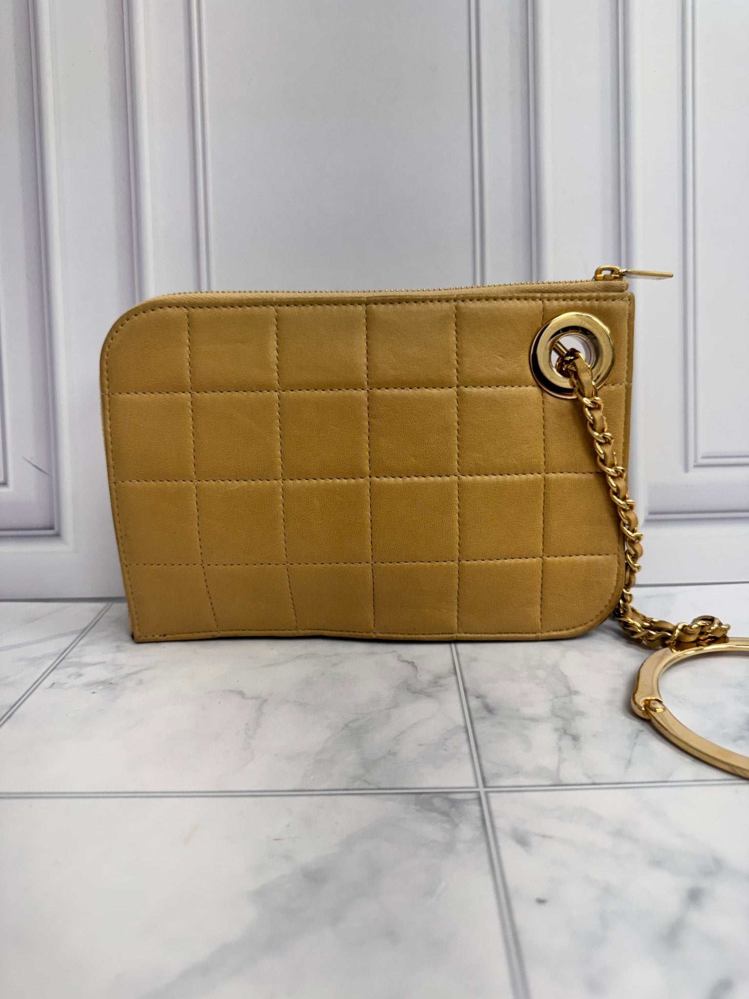 Chanel Beige Quilted Chocolate Bar Handcuff Wristlet Clutch Bag