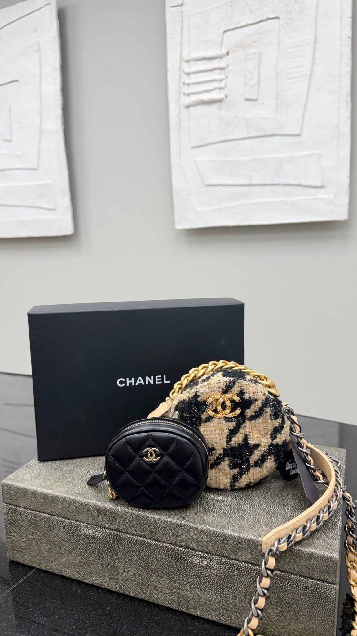 Chanel Beige & Black Quilted Wool Round Chanel 19 And Coin Pouch Chain Crossbody 