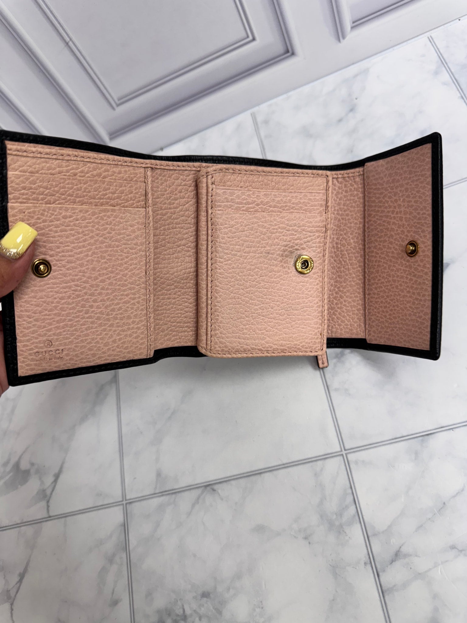 Gucci Black Grained Leather GG Marmont Bow Compact Wallet