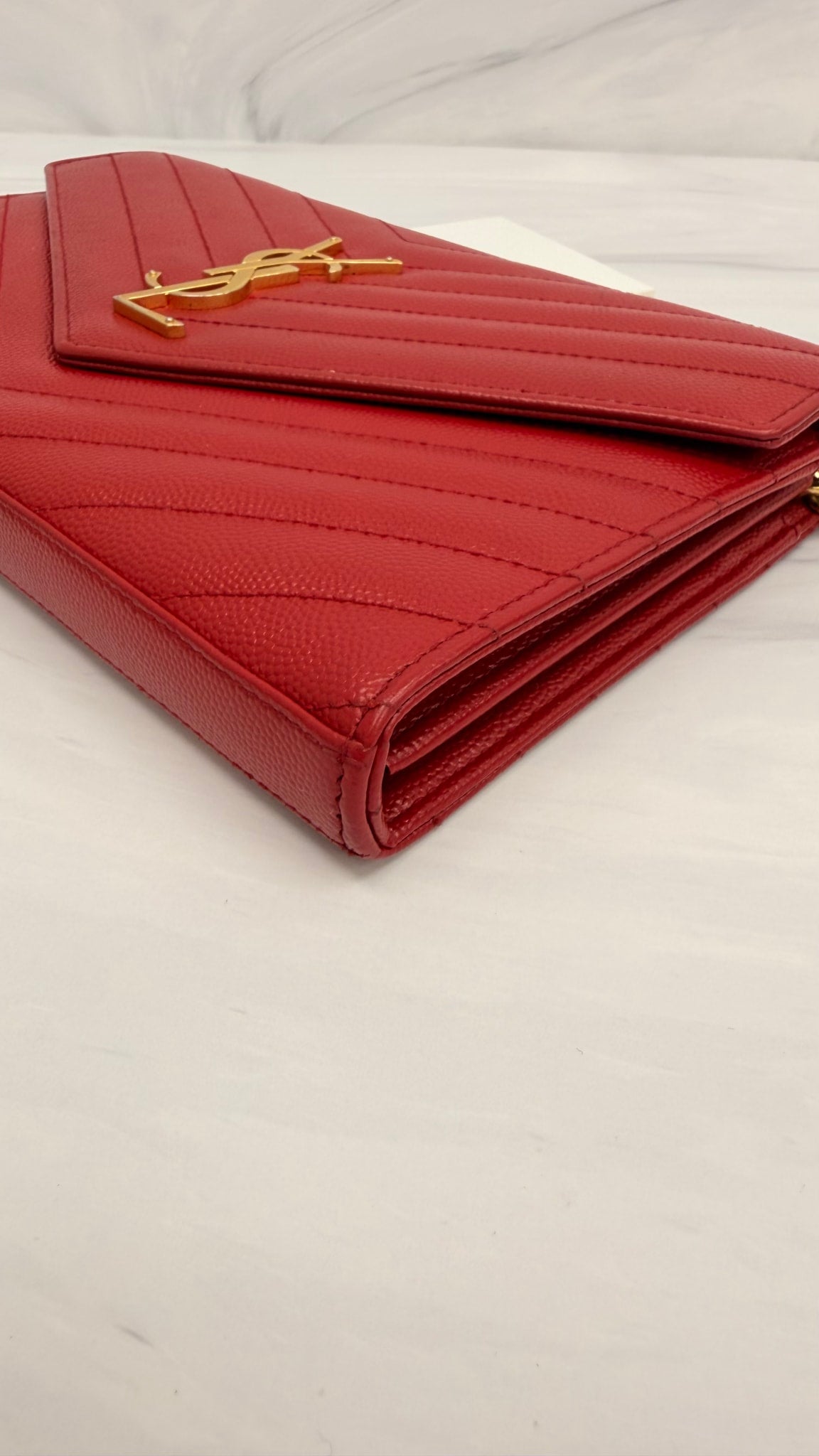 Saint Laurent YSL Red Grained Leather Wallet on A Chain