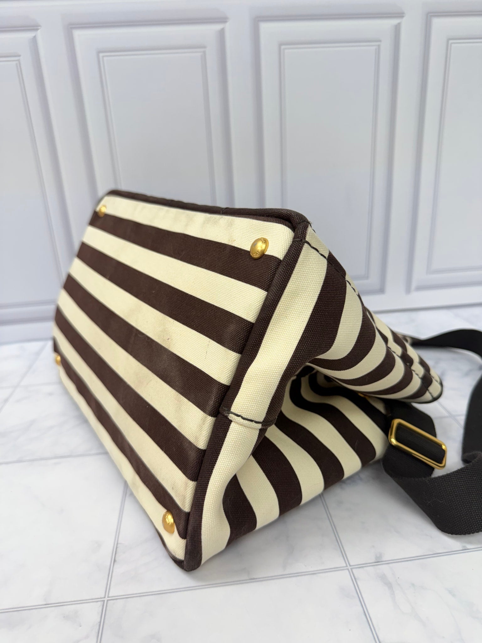 Prada Brown And Cream Canvas Canapa Striped Medium Tote Bag