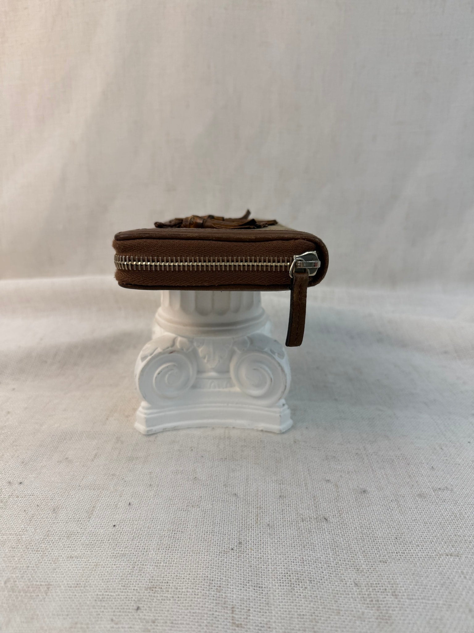 Gucci Brown Canvas Bamboo Tassel Zippy Wallet