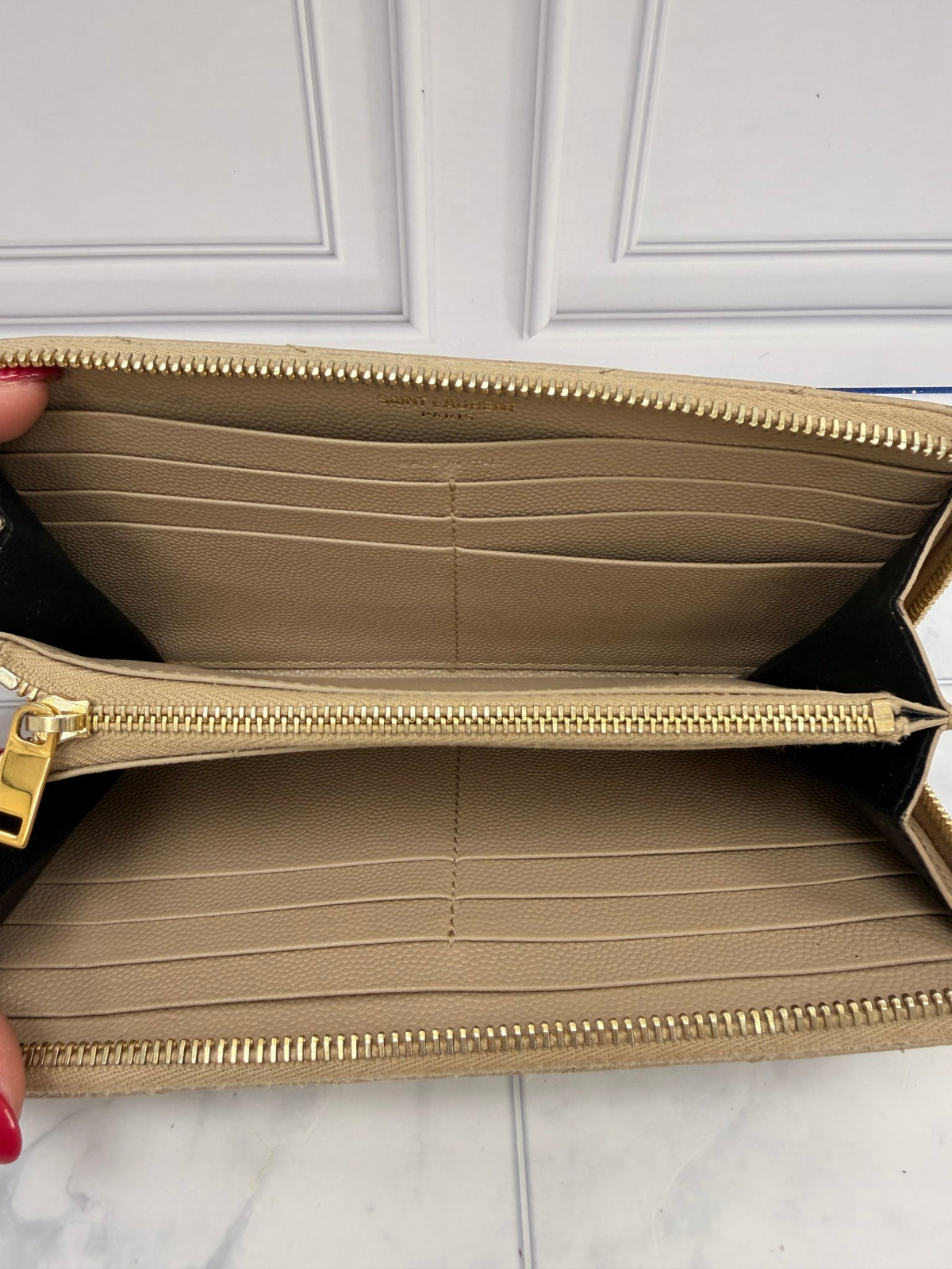 Saint Laurent YSL Tan Grained Calfskin Cassandre Matelasse Zip Around Wallet 