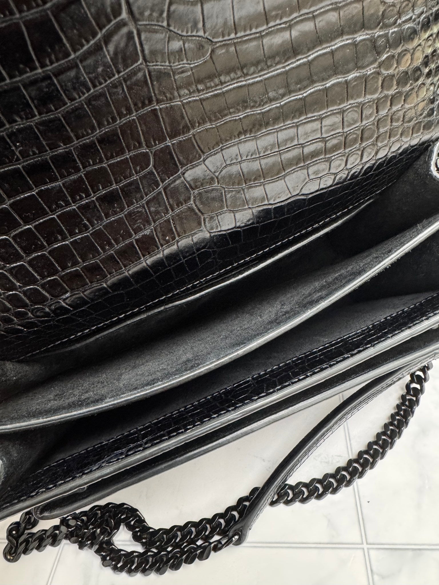 Saint Laurent YSL Black Croc Embossed Medium Sunset Bag