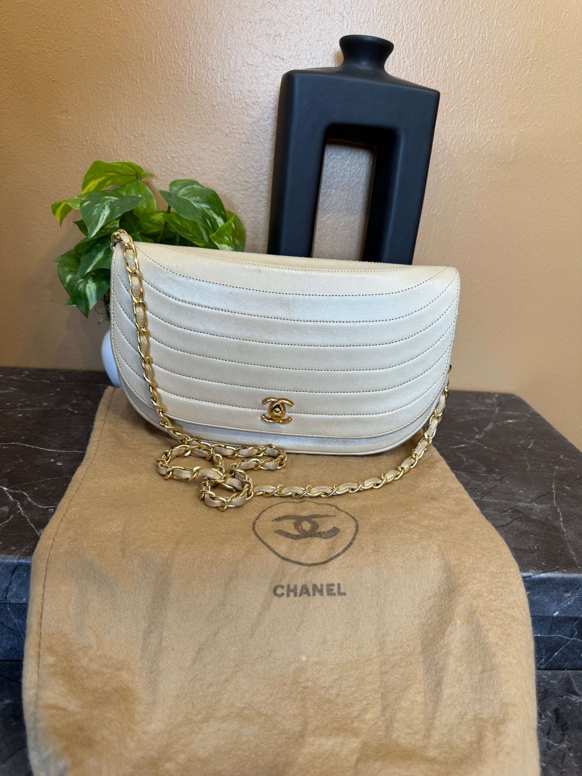 Chanel Vintage Beige Lambskin Half Moon Bag