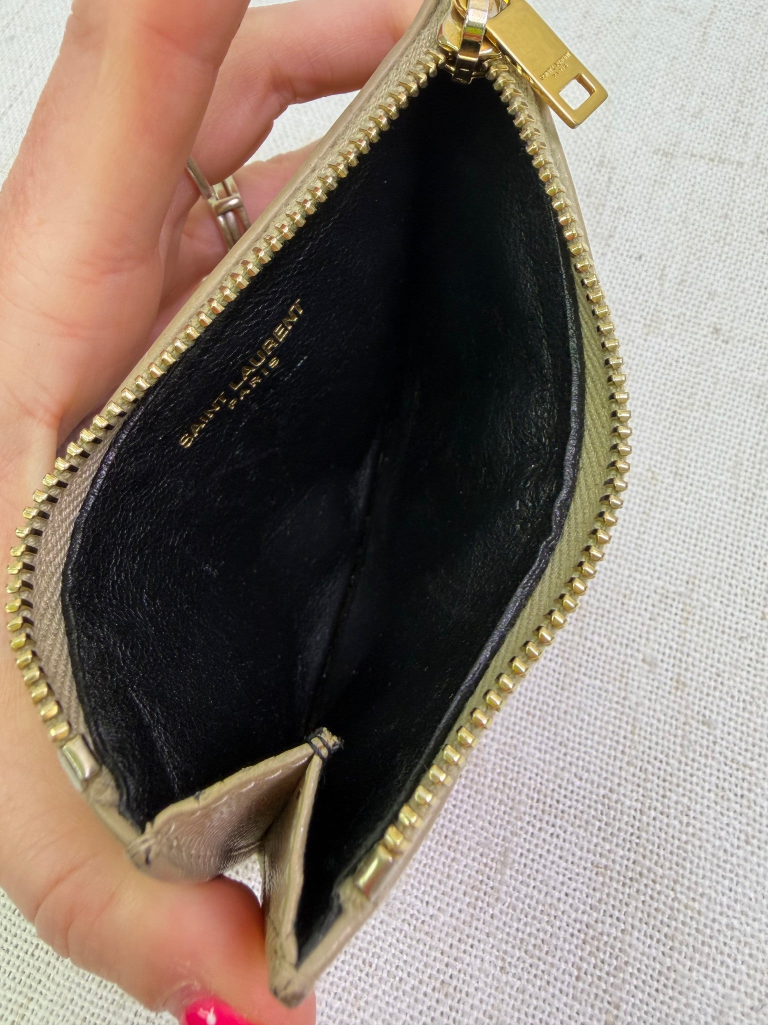 Saint Laurent YSL Tan Pebbled Leather Zippy Card Case