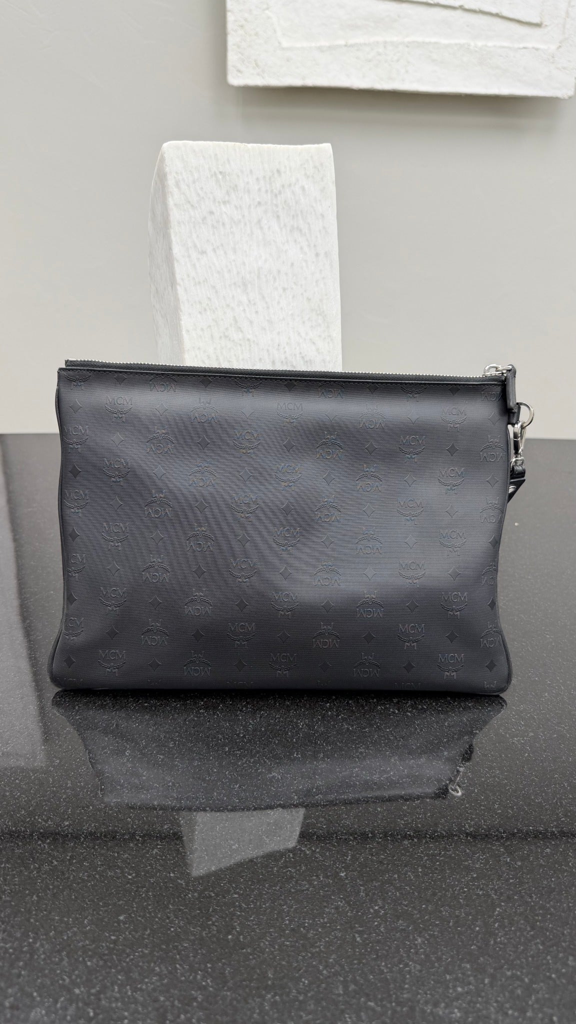 MCM Black Studded Embossed Leather & Coated Canvas Wristlet