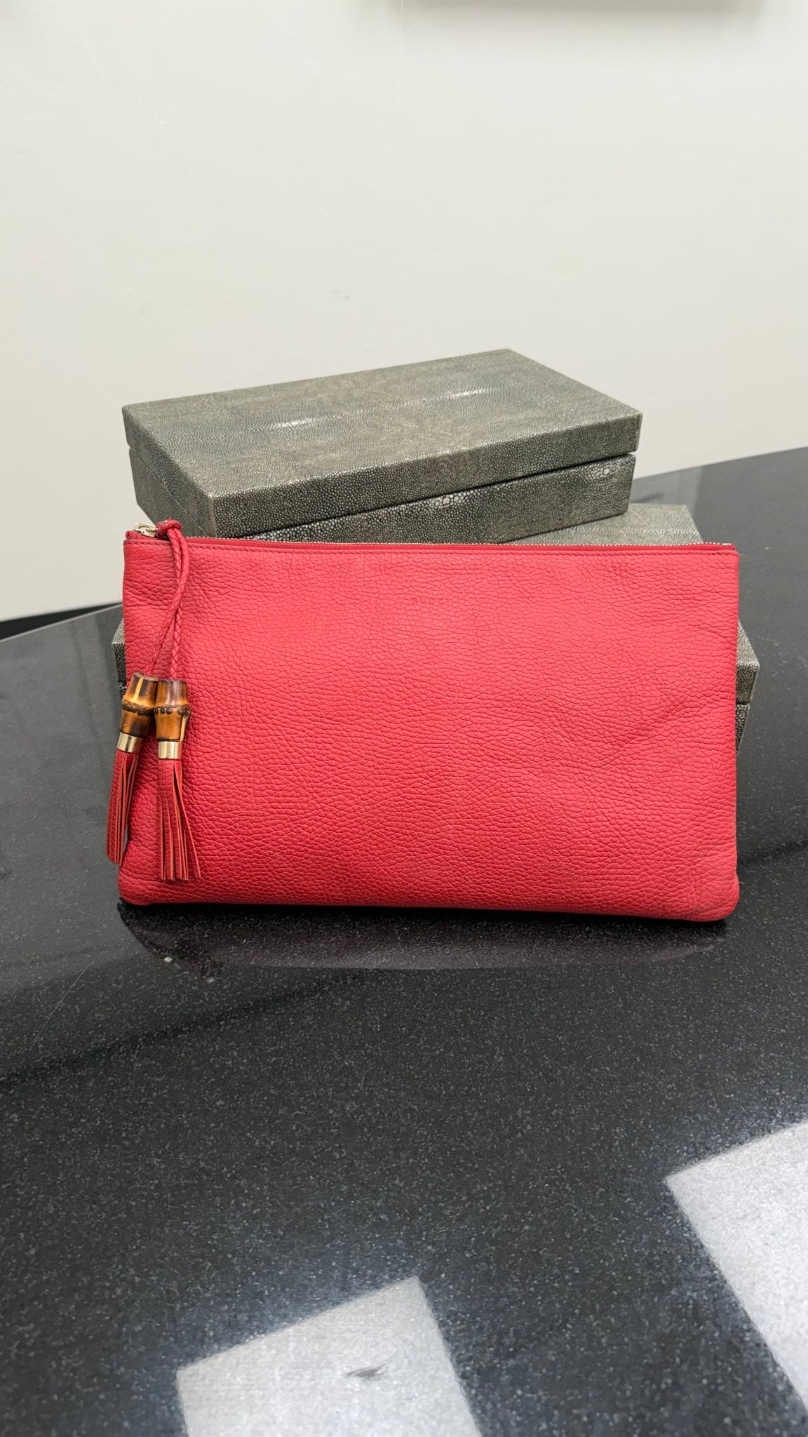 Gucci Red Pebbled Leather Bamboo Tassel Pouch