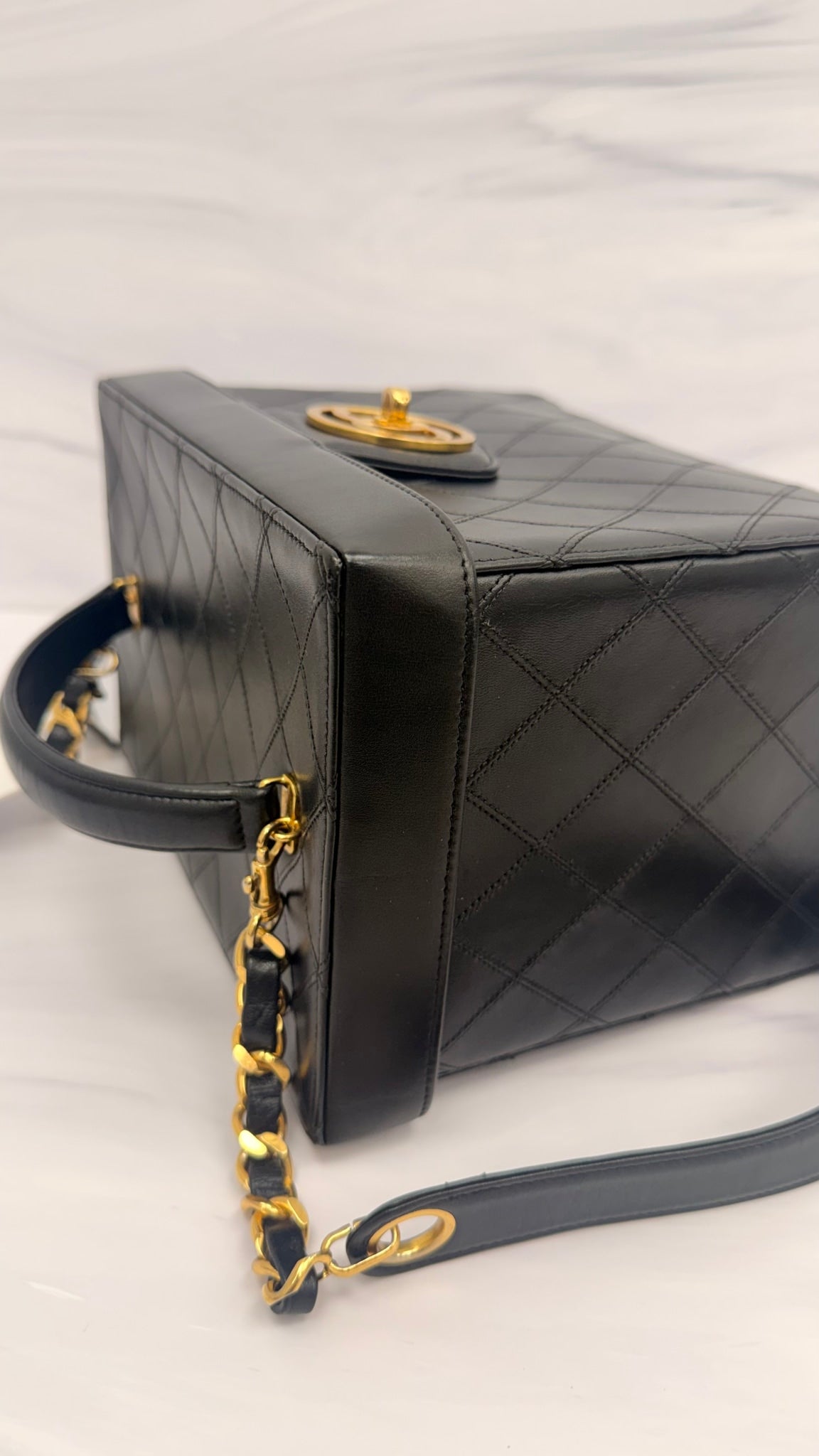 Chanel Black Calfskin Leather 24K Gold Vintage Vanity Bag 