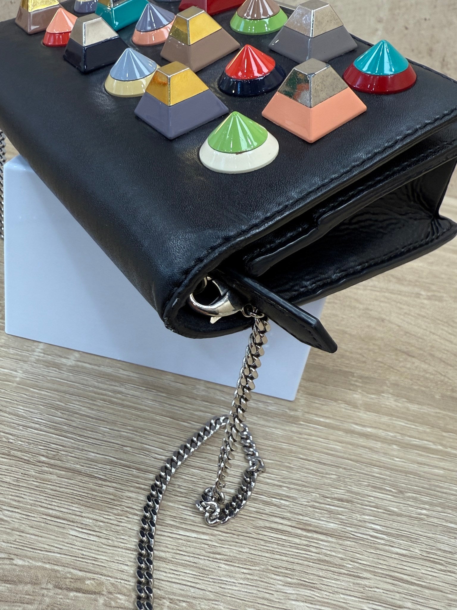 Fendi Black Leather Multicolored Studded Wallet on a Chain 