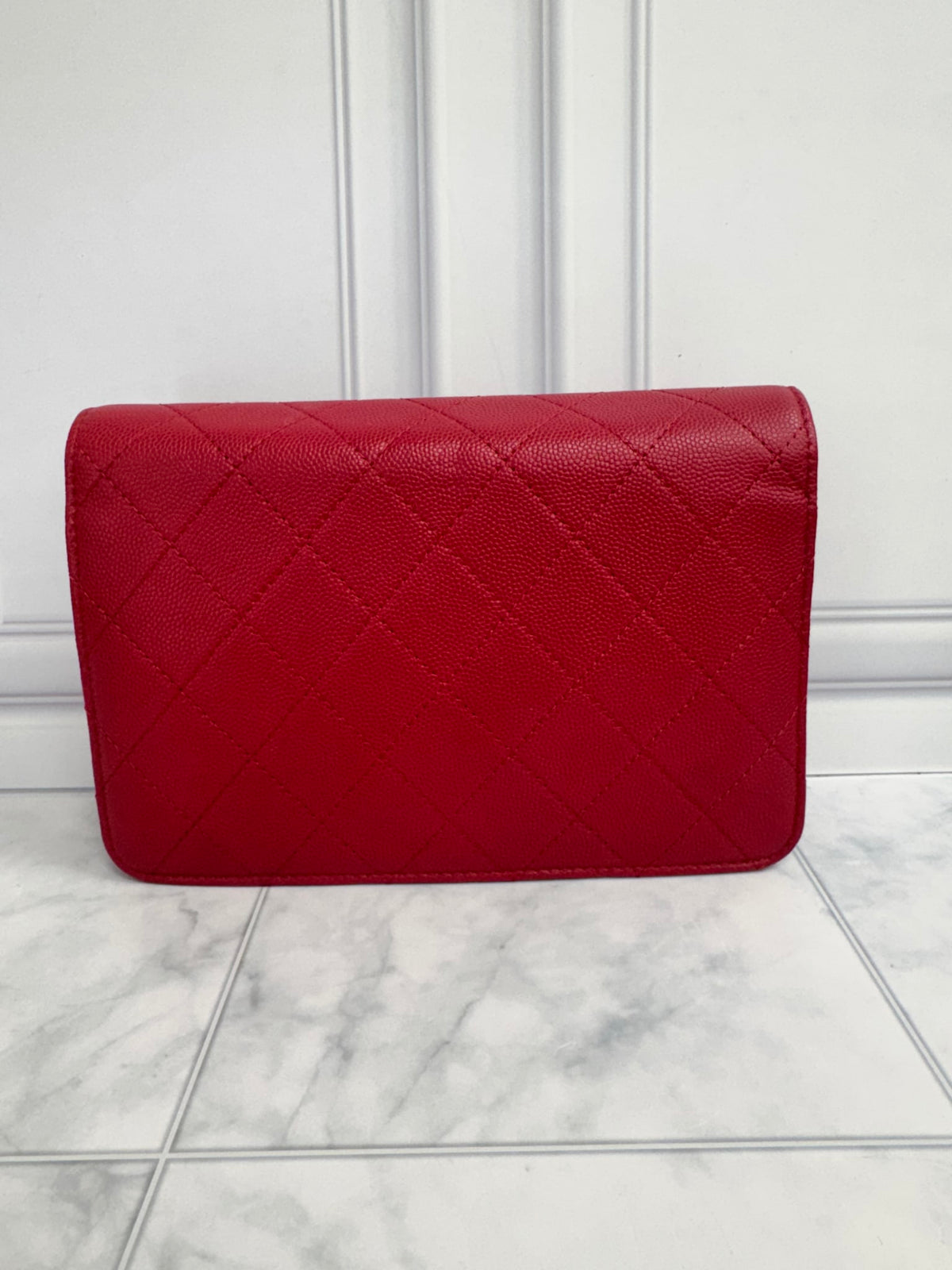 Chanel Red Quilted Caviar Leather And Suede Lady Coco Wallet On Chain