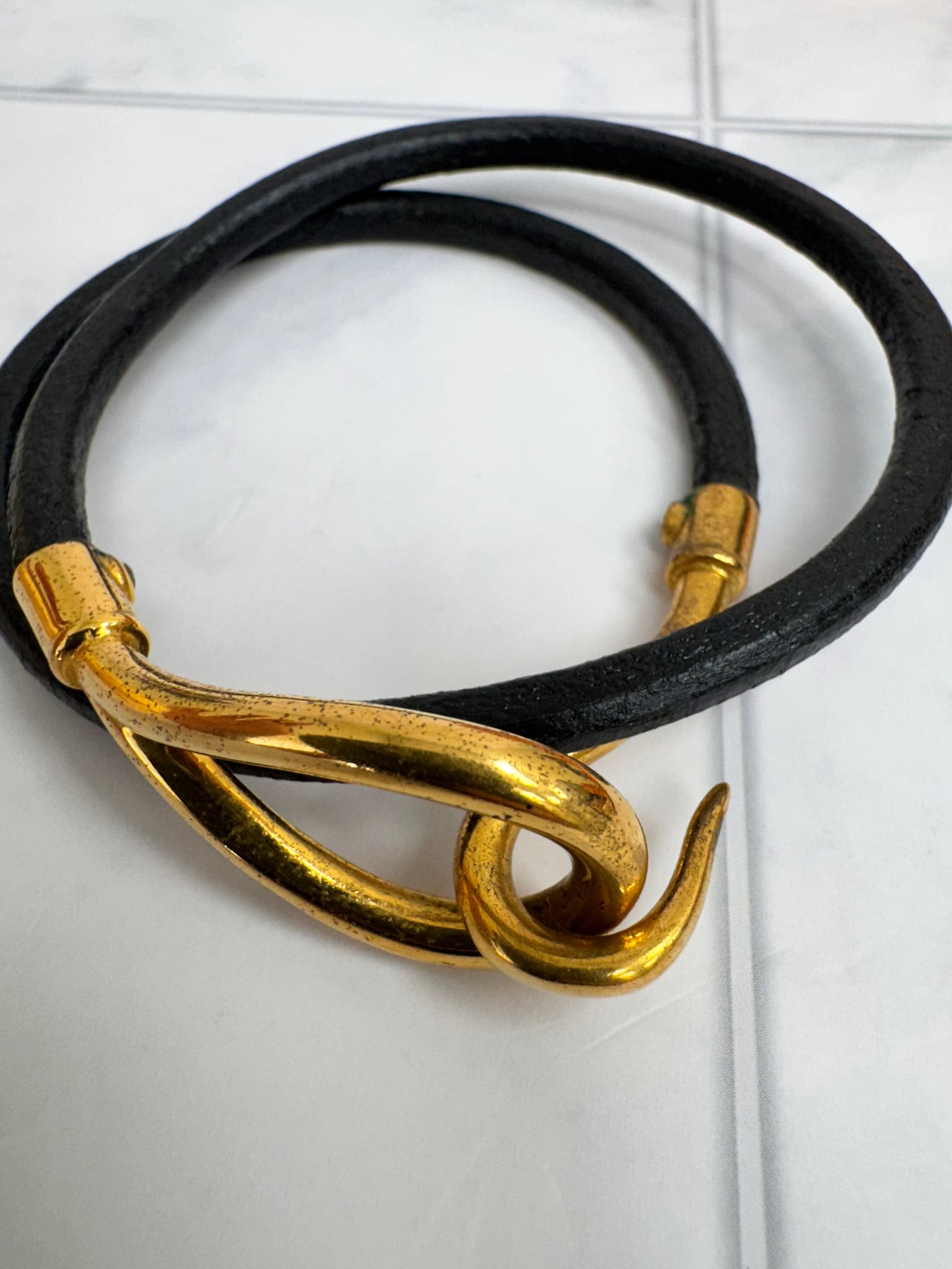 Hermes Black Leather And Gold Jumbo Hook Double Tour Bracelet