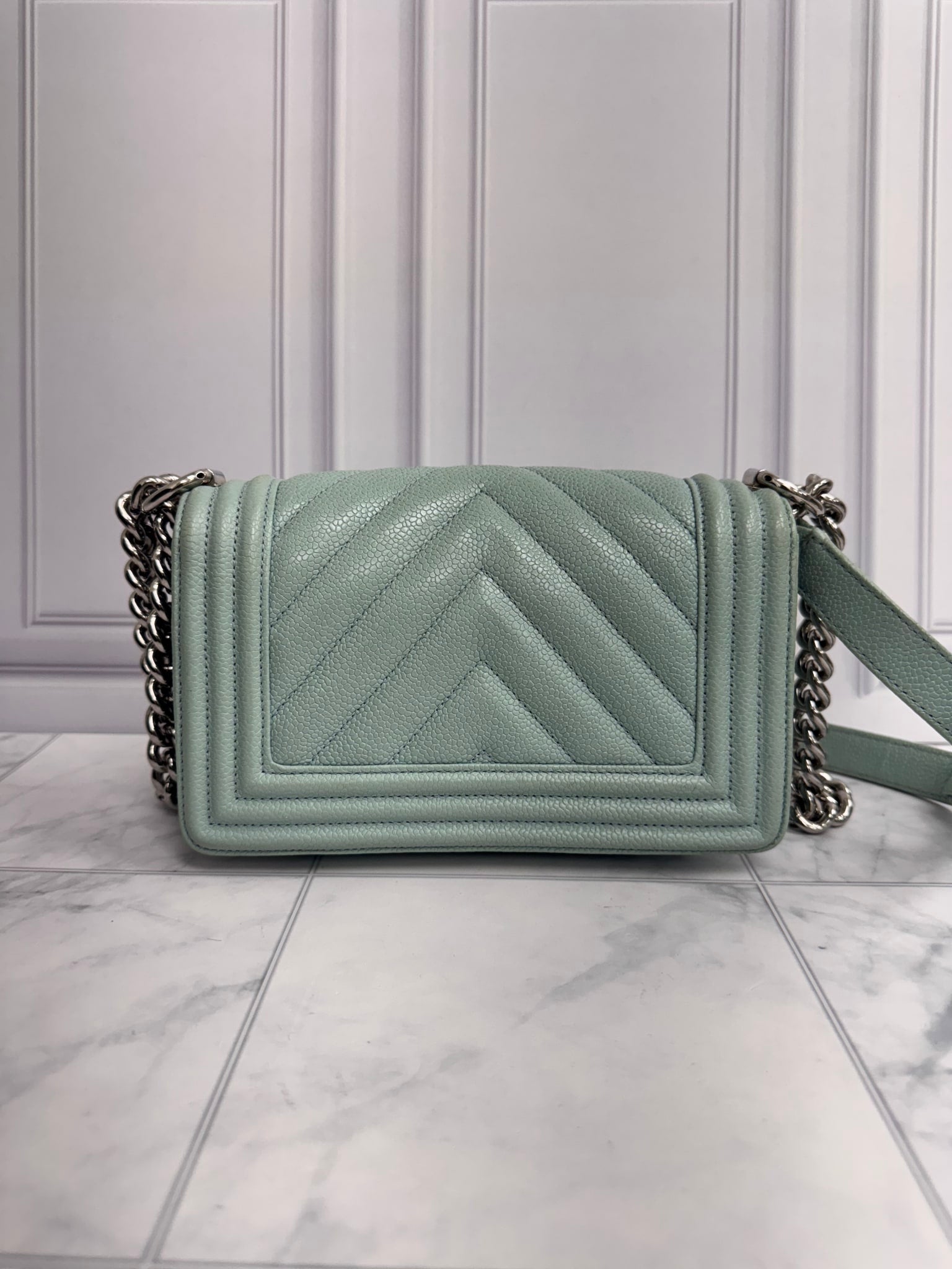 Chanel Blue Chevron Quilted Caviar Leather Small Boy Flap Crossbody Bag