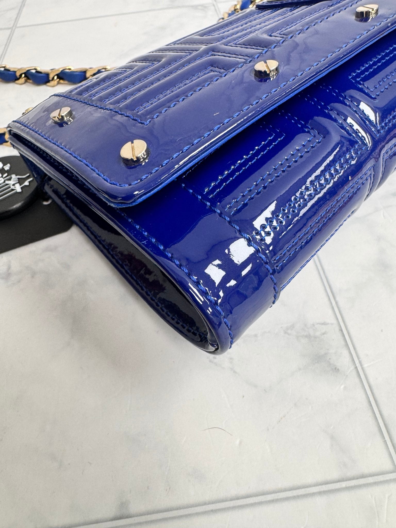 Versace Blue Quilted Patent Leather Flap Chain Shoulder Bag