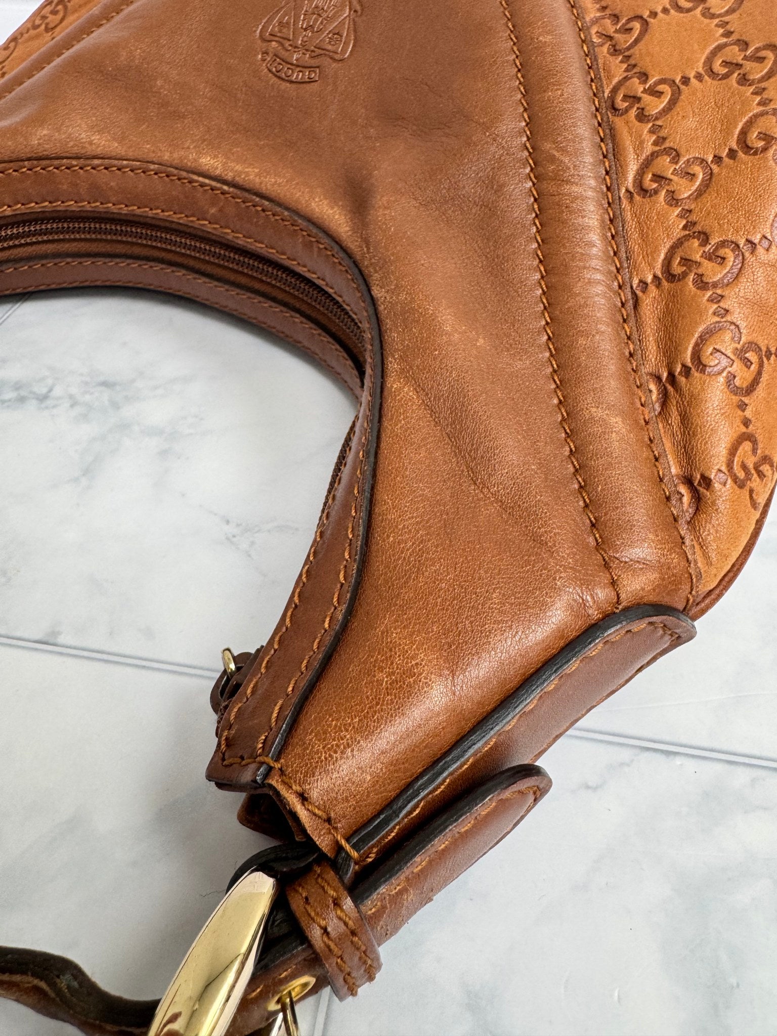 Gucci Brown Leather Embossed Guccissima Hysteria Crest Hobo Shoulder Bag