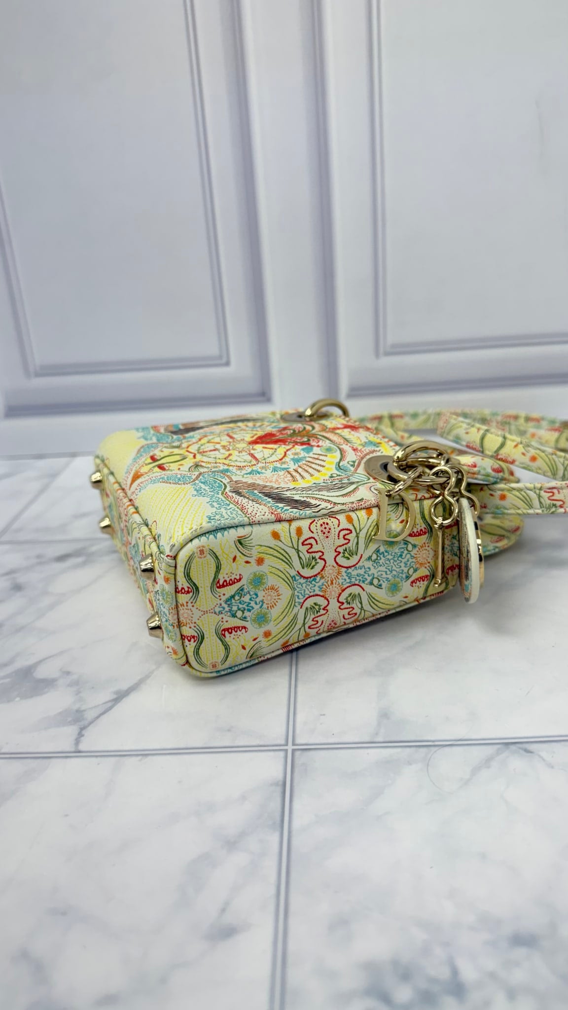 Christian Dior Ivory Multicolor Leather Embroidered In Lights Micro Lady Dior Handbag 
