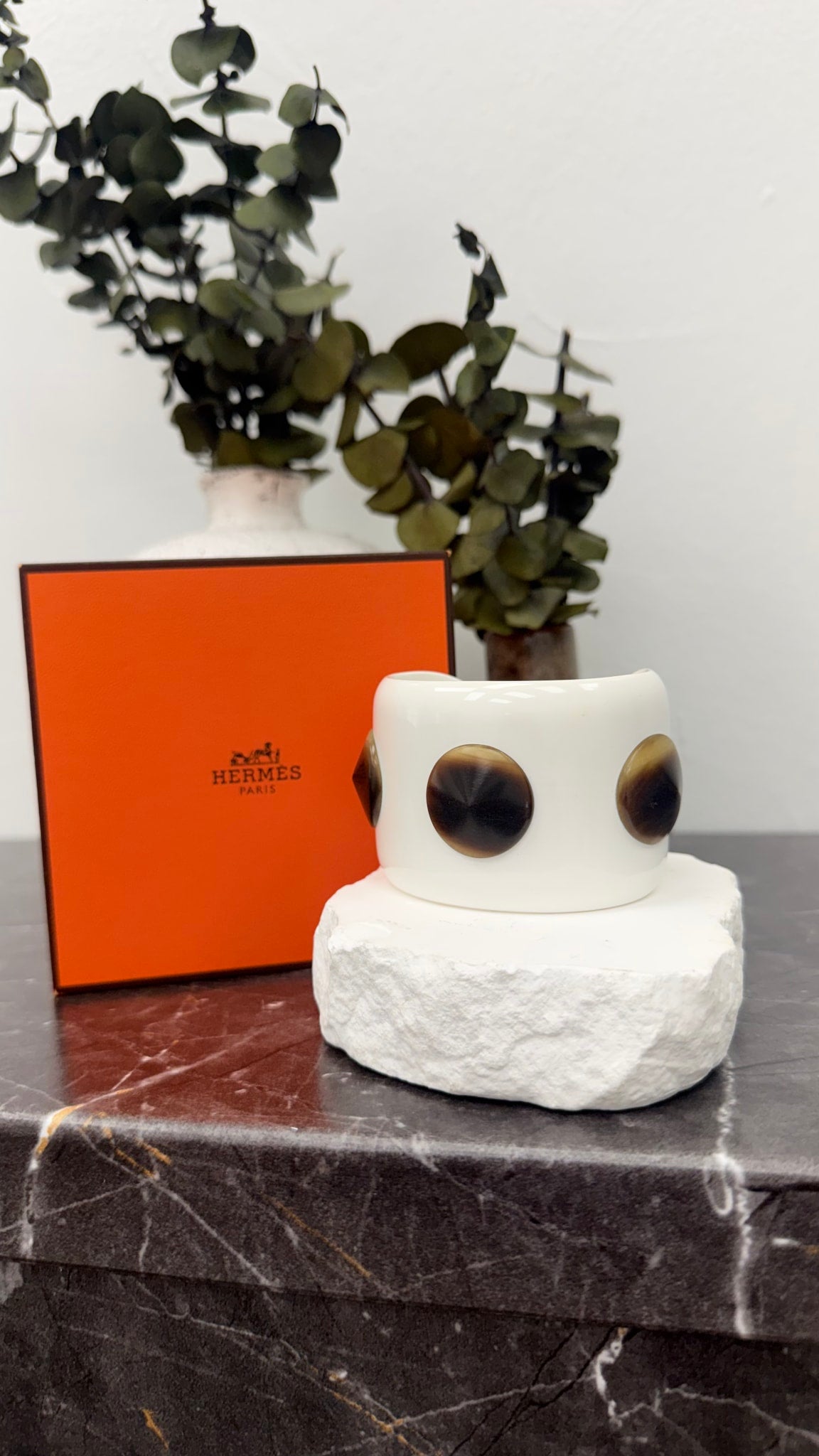 Hermes White And Brown Resin Pike Cuff Bracelet PM 