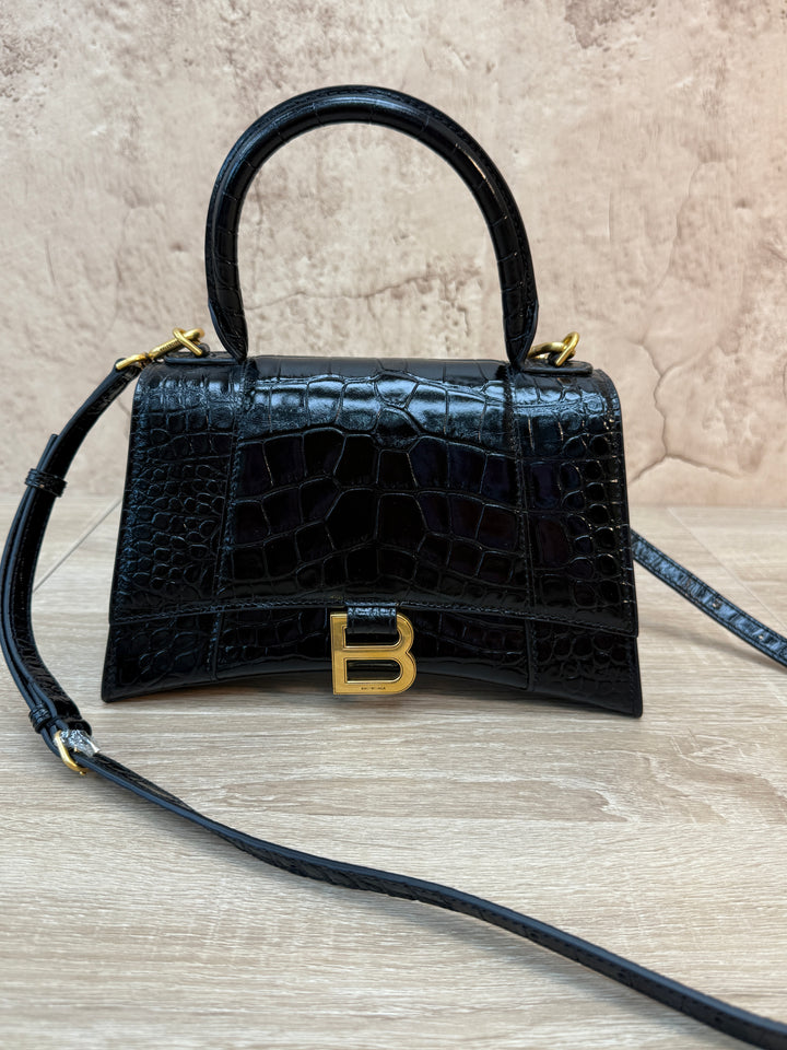 Balenciaga Black Croc Embossed Small Hourglass Top Handle