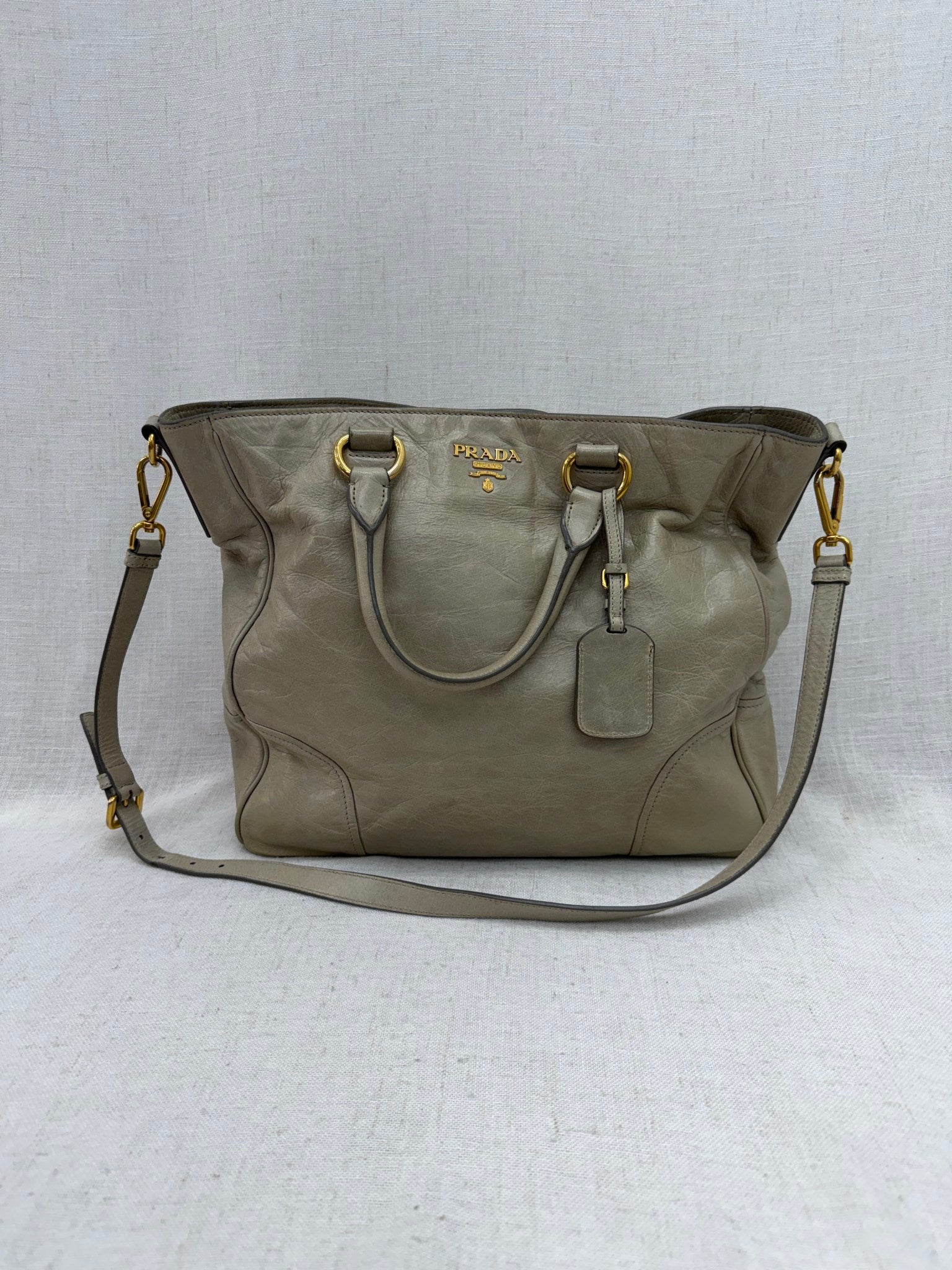 Prada Beige Crinkle Shine Leather 2way Tote Bag