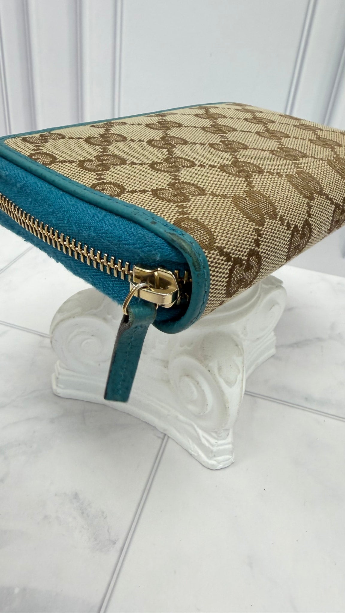 Gucci GG Canvas & Teal Leather Compact Zippy Wallet