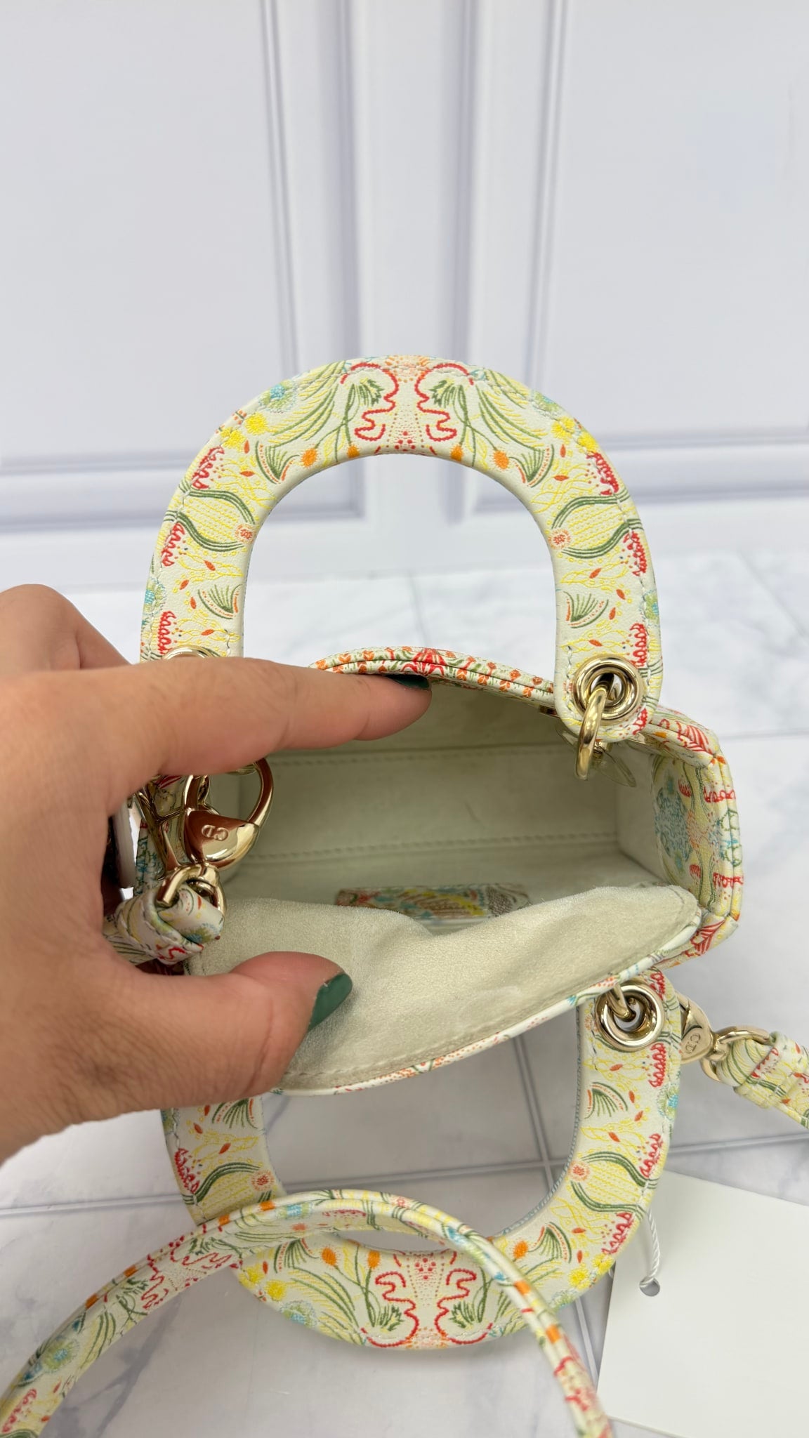 Christian Dior Ivory Multicolor Leather Embroidered In Lights Micro Lady Dior Handbag 