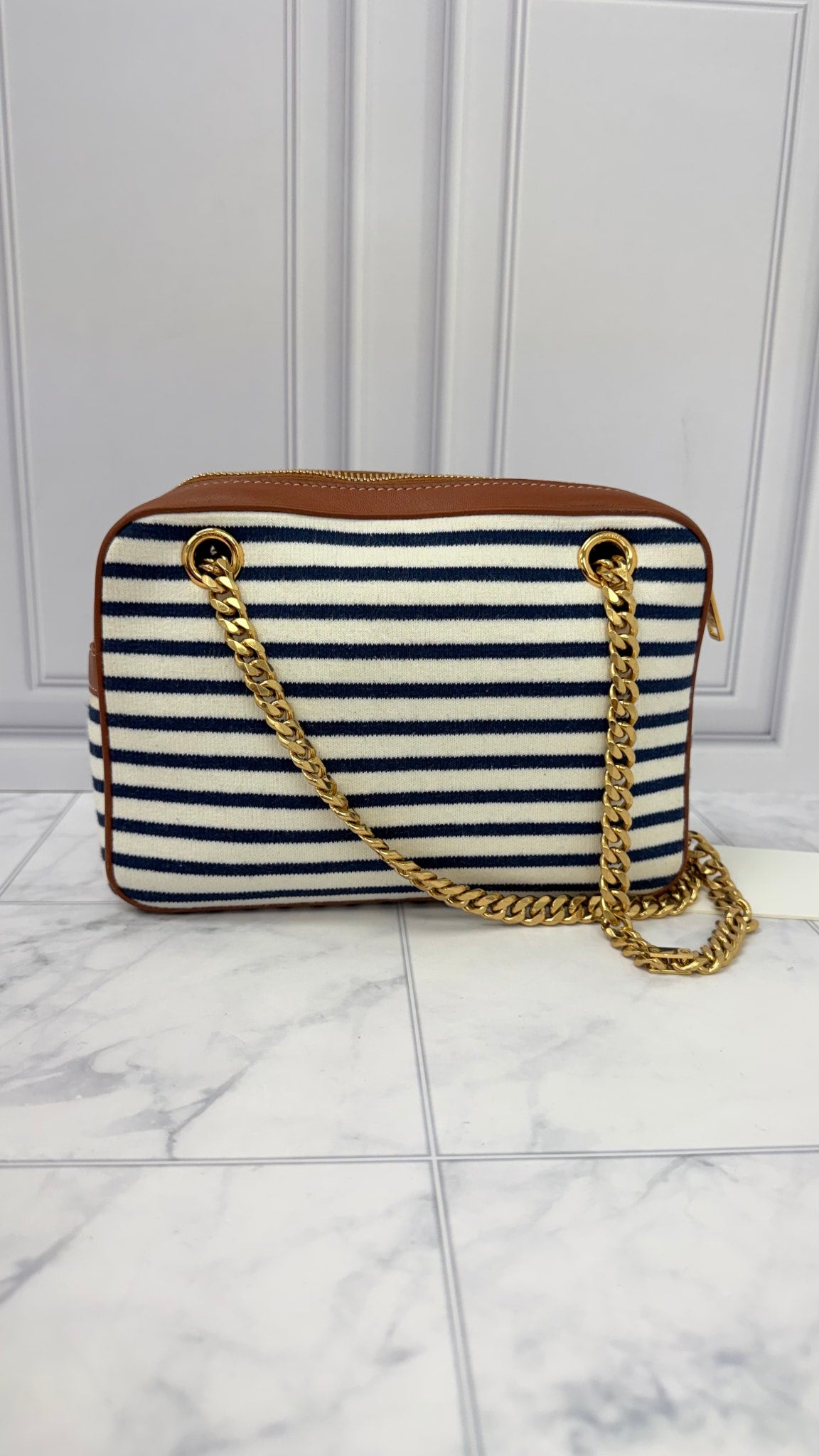 Celine White And Navy Jersey Chain Shoulder Bag 