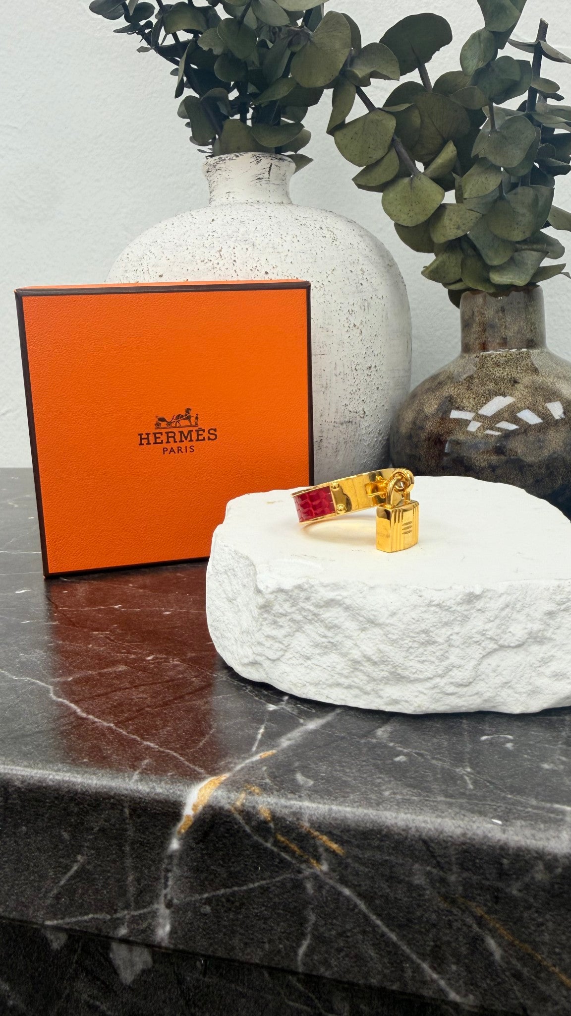 Hermes Red Gold Tone Lizard Leather Kelly Scarf Ring 