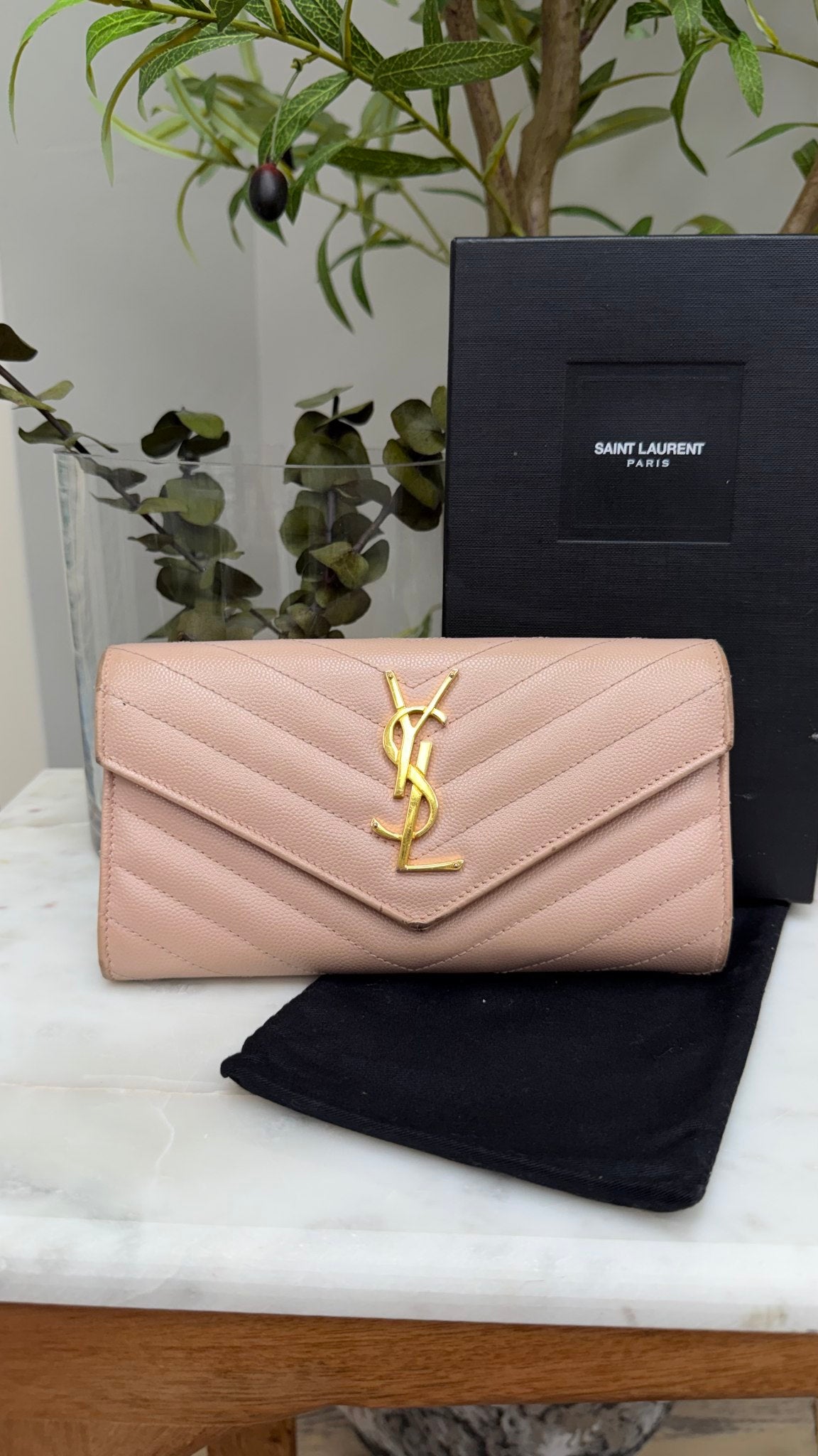 Saint Laurent YSL Dusty Pink Pebbled Leather Cassandre Long Wallet