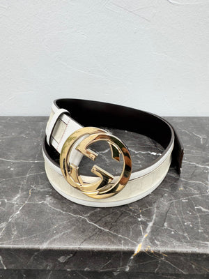 Gucci White GG Supreme & Leather Interlocking G Belt Size 90/36