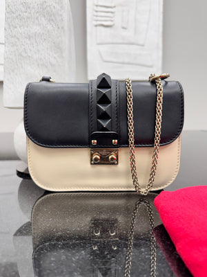 Valentino Beige And Black Leather Rockstud Glam Lock Shoulder Bag