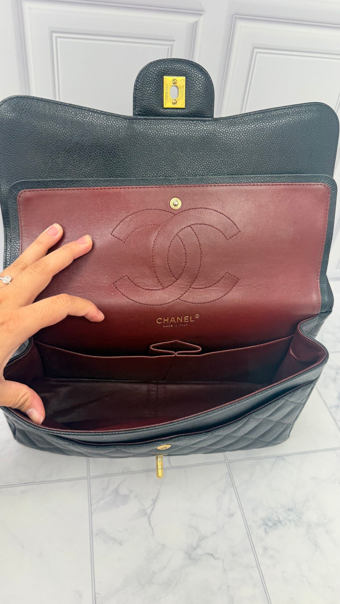 Chanel Black Caviar Leather Jumbo Classic Flap Bag 