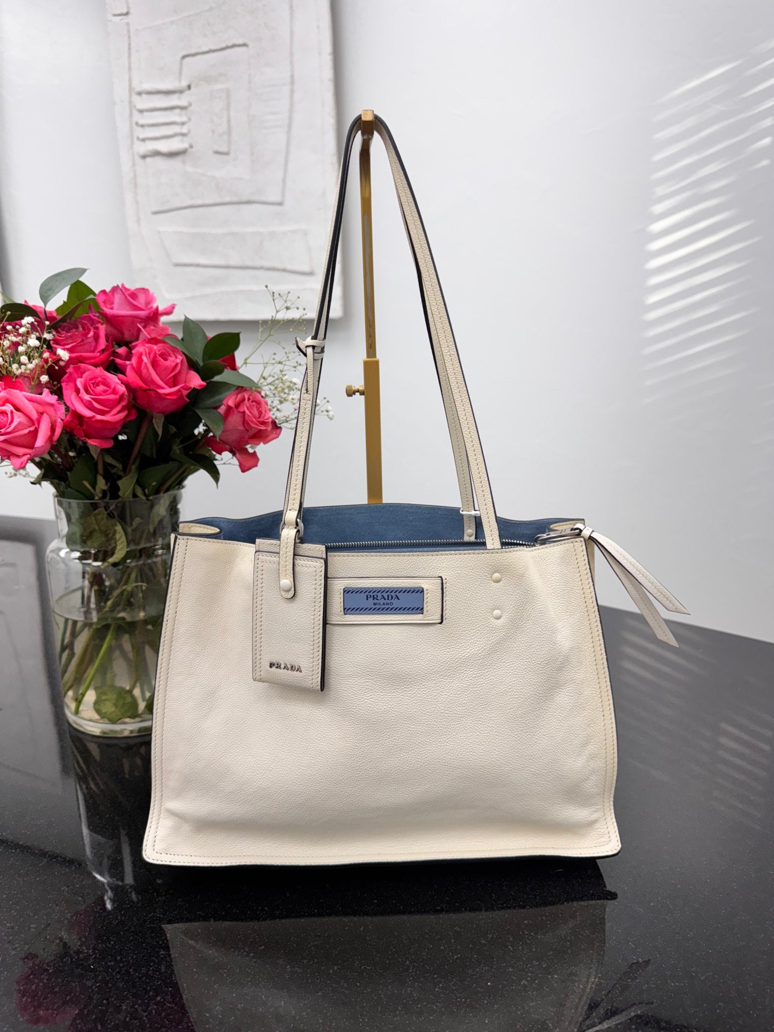Prada White Grained Leather Glace Etiquette Tote Bag