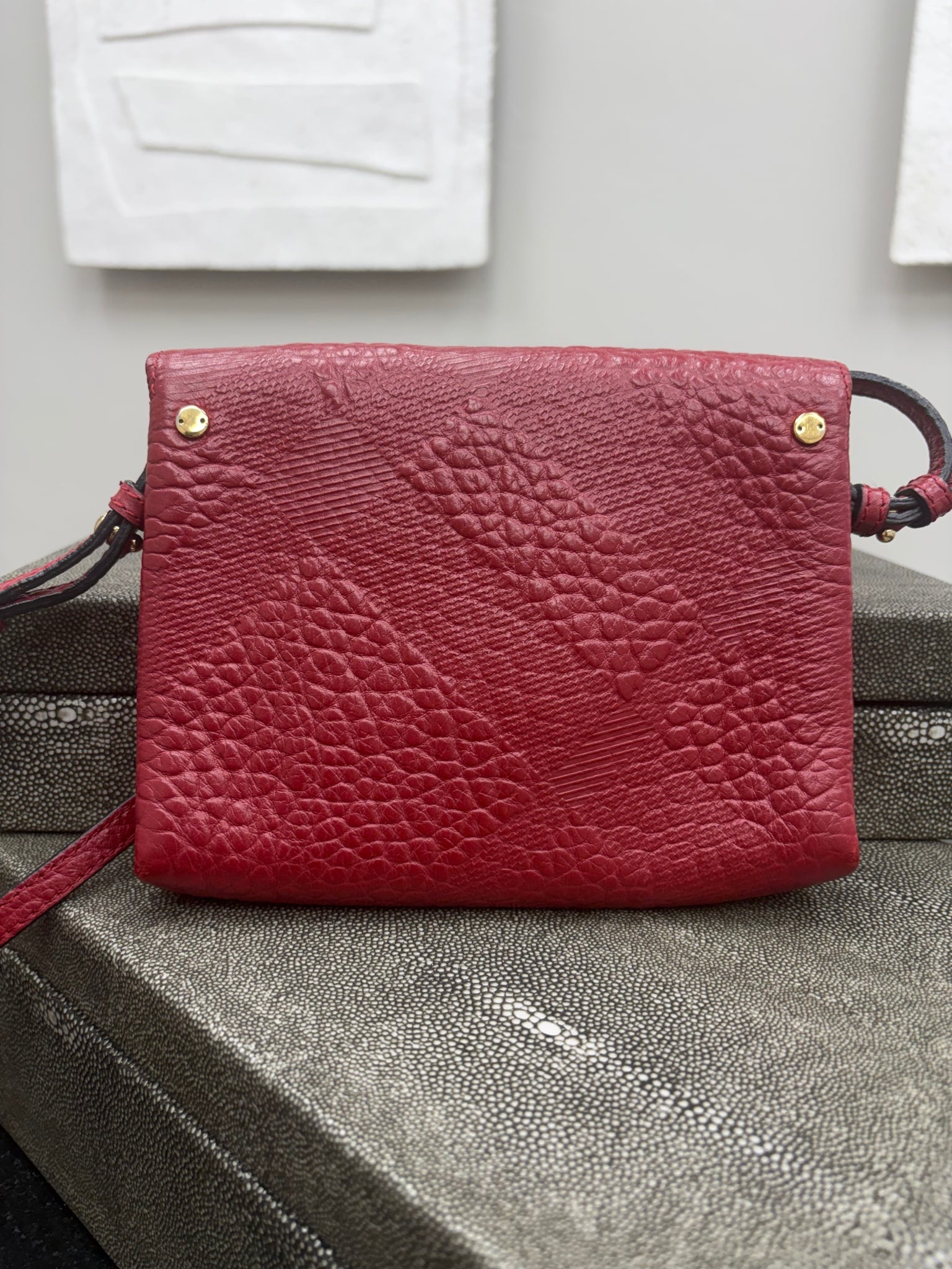 Burberry Red Check Embossed Leather Langley Small Crossbody Bag