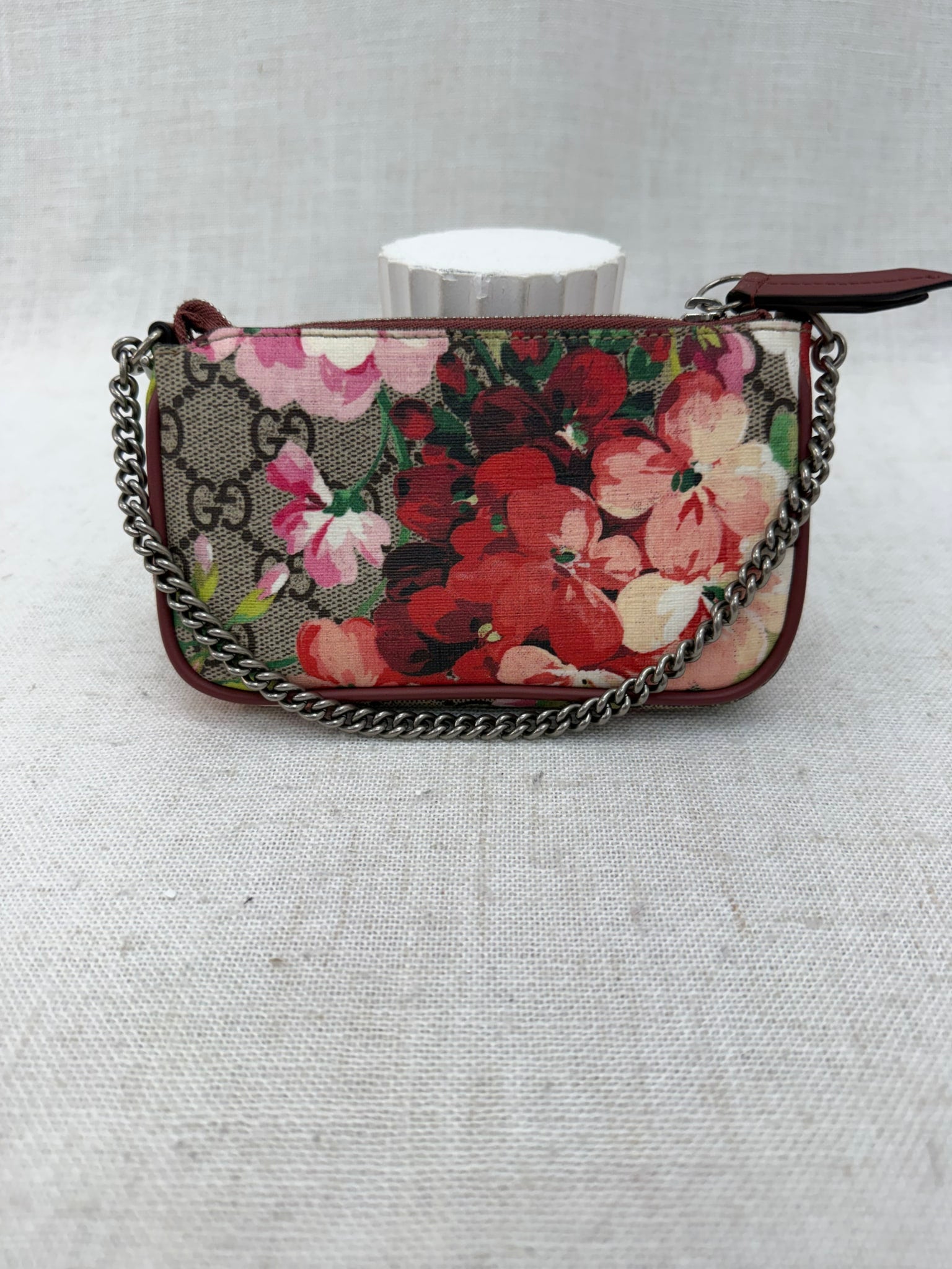 Gucci Pink Blooms Supreme Coated Canvas Mini Pochette Wristlet 